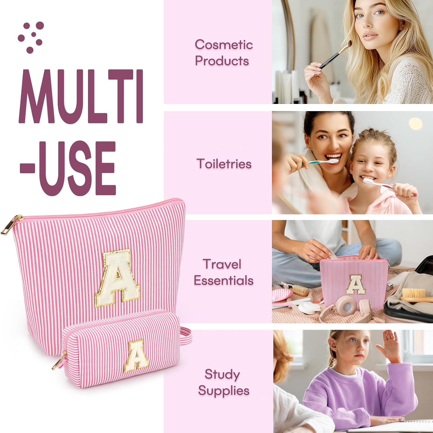 2 PCS Initial Makeup Bags for Women: Cosmetic Bag for Travel Toiletry - Birthday Gifts for 11 12 13 14 15 16 17 18 Years Old Girl Graduation - Teen Girl Gifts Trendy Stuff - Pink A - Image 3