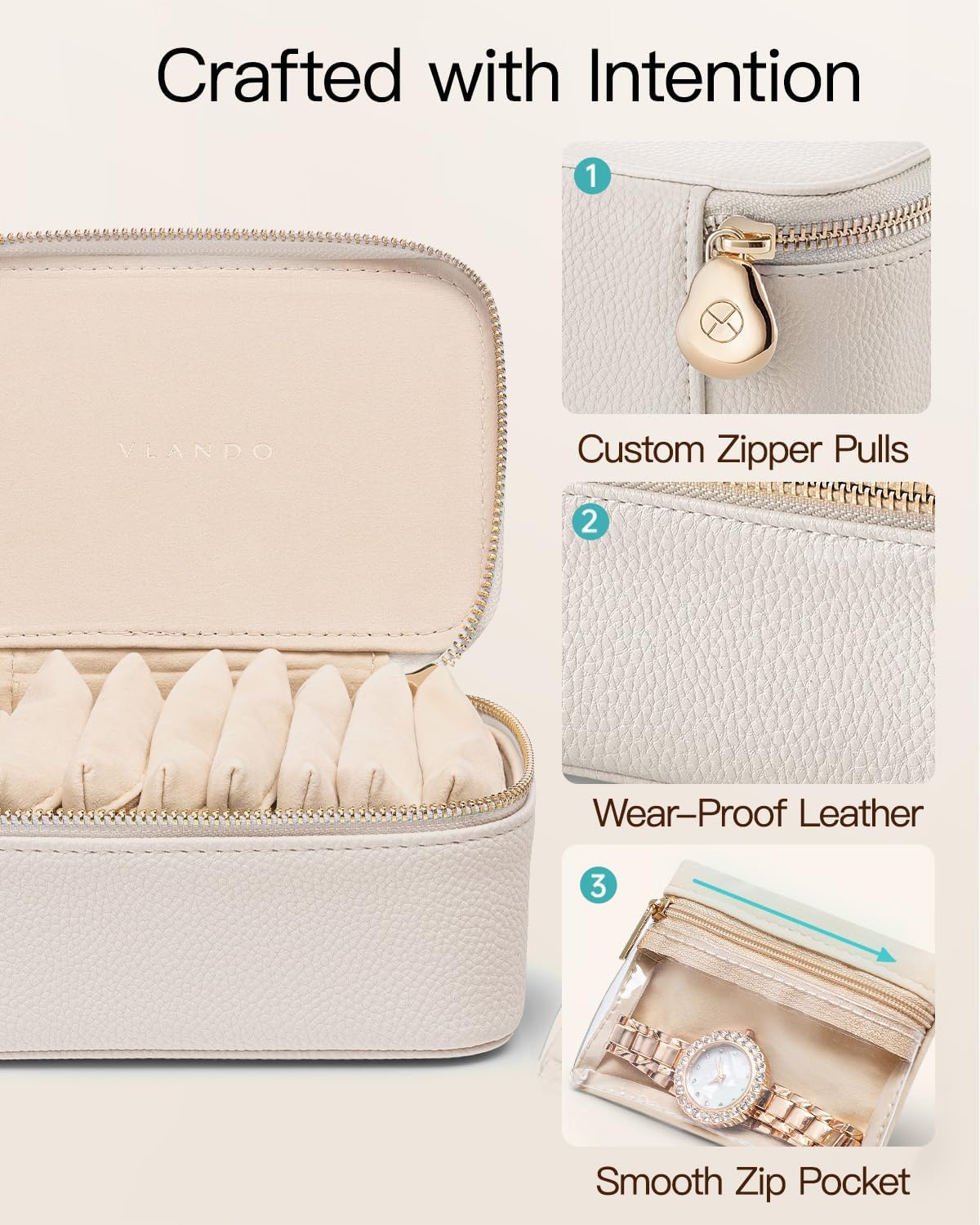 VLANDO Jewelry Travel Organizer with Clear 8 Velvet Bags,White | Reduces Surface Rubbing, Soft Velvet Backing, Studs and Hoops, Women, Airport Packing, Birthday Gifting - Image 2