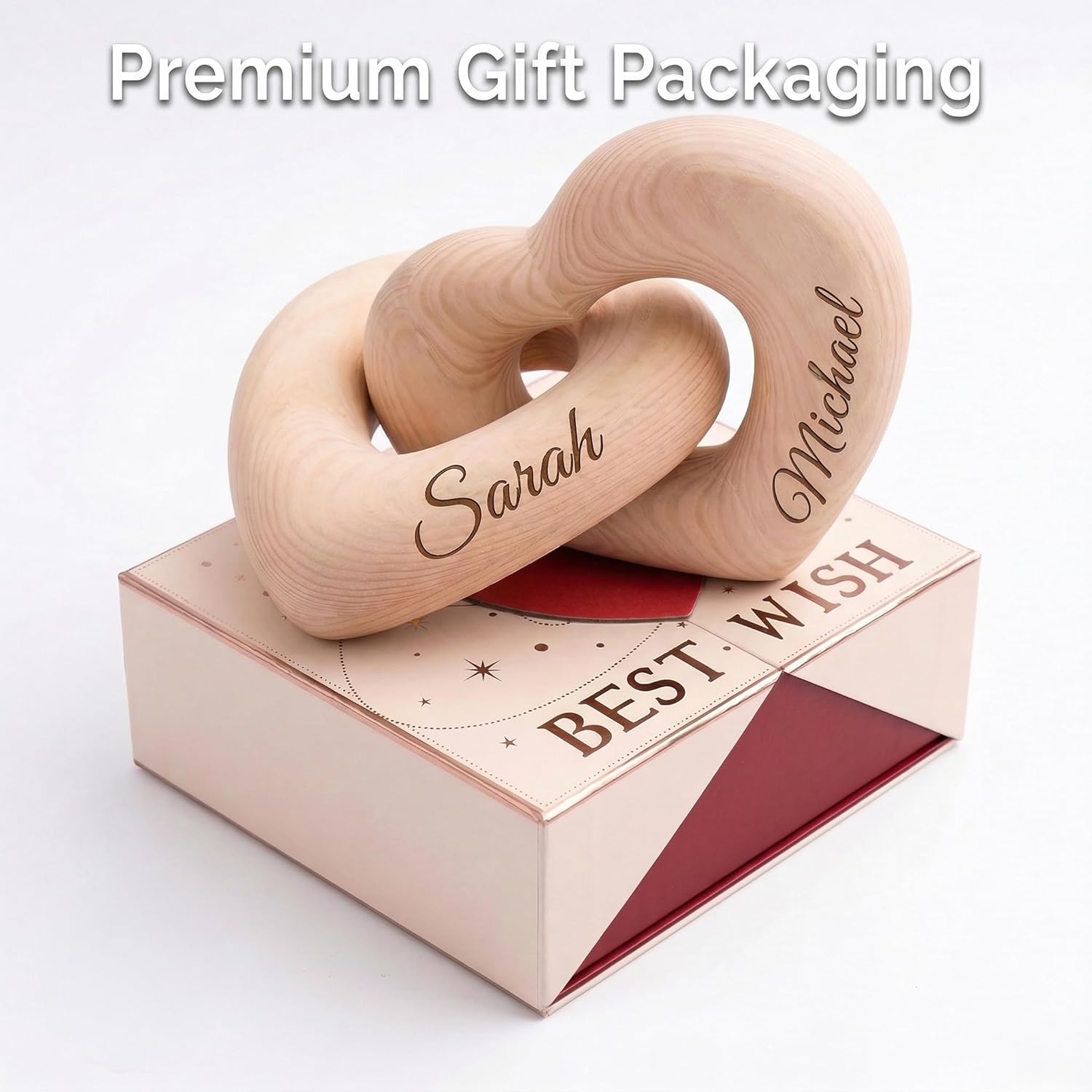 Personalized Wooden Hearts with Names - Custom Engraved Interlocking Heart Sculpture for Couples - 5th Wood Anniversary Valentine's Day Gift Idea, Romantic Home Decor (1-Pack (Names & Date)) - Image 5