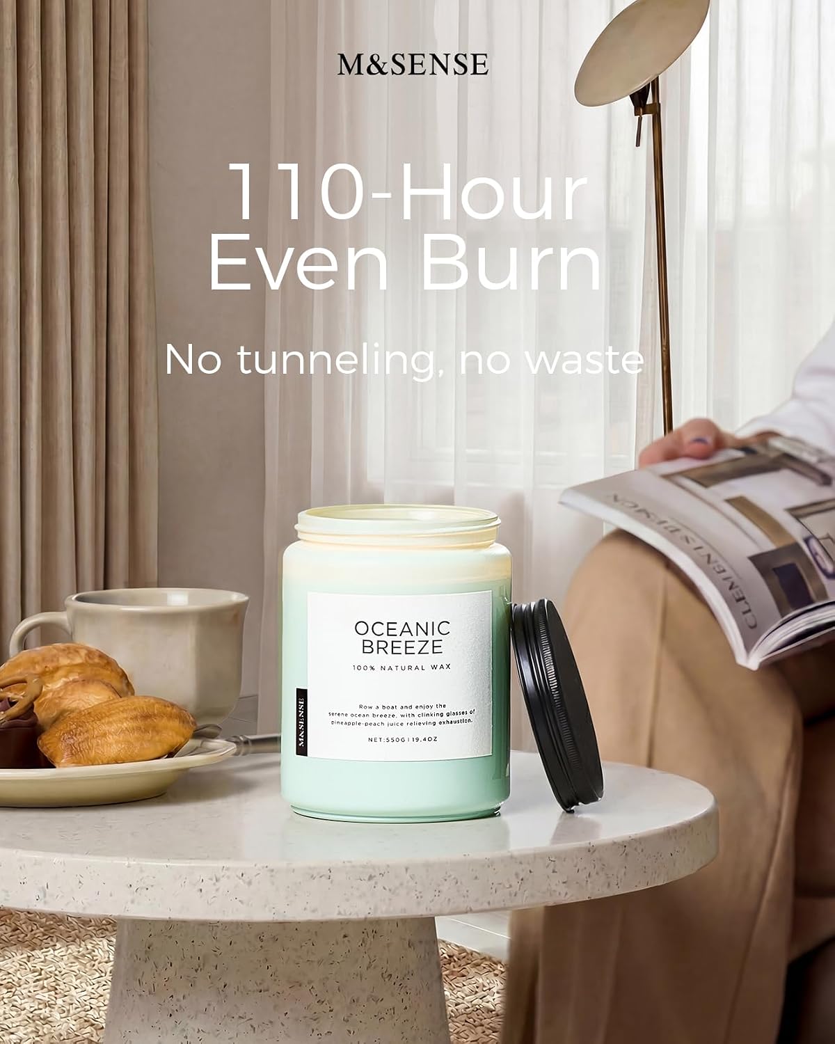 M&SENSE Candle Oceanic Breeze Home Scented, 19.4oz 110H Natural Soy Wax | Organic Non Toxic, Long Lasting, 2 Wick Pineapple & Mango Fresh Scent for Stress Relief, Aromatherapy Gifts for Women/Men - Image 6