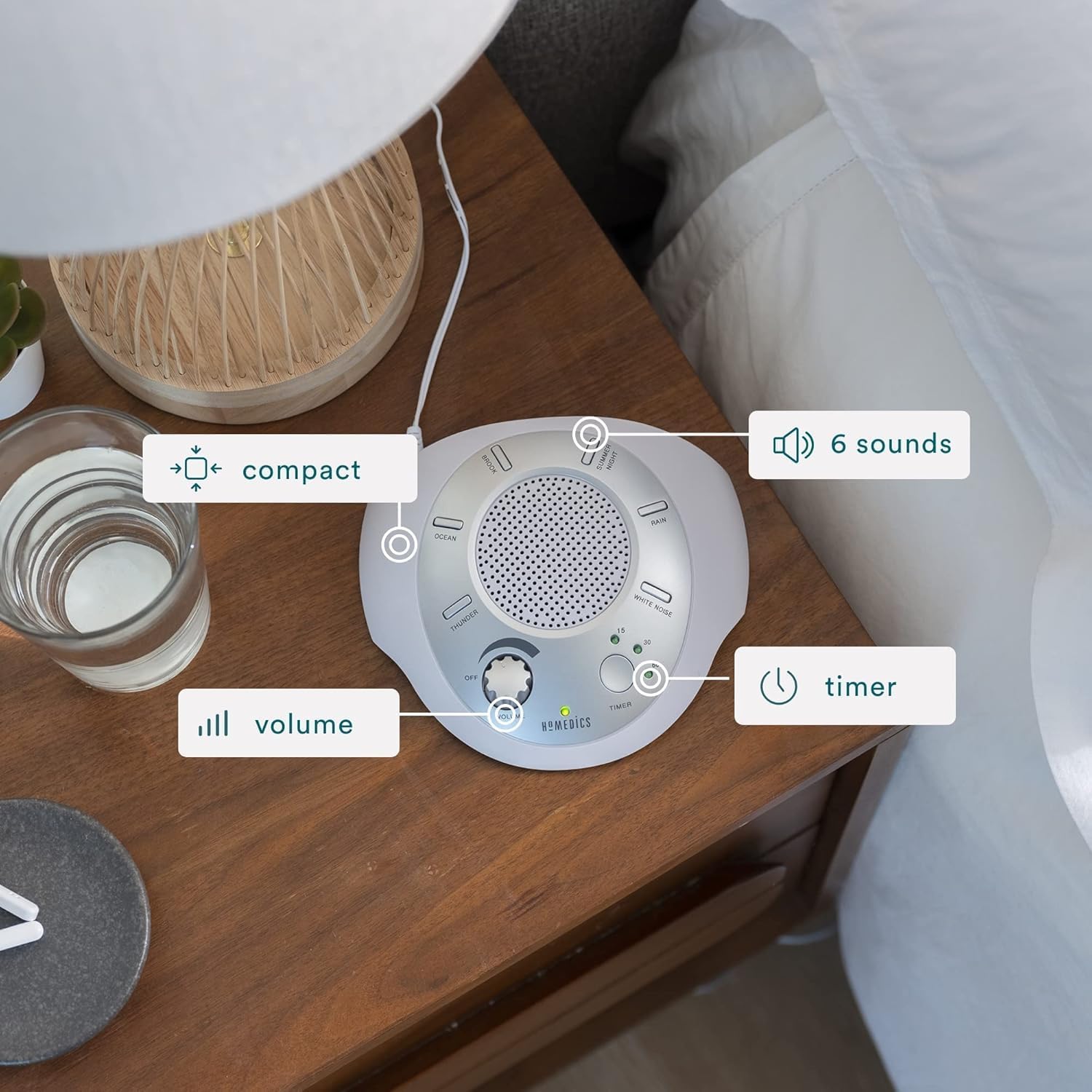 Homedics SoundSleep White Noise Sound Machine, Silver | Small Travel Size with 6 Relaxing Nature Sounds, Portable Therapy for Home, Office, Nursery, Auto-Off Timer - Image 7