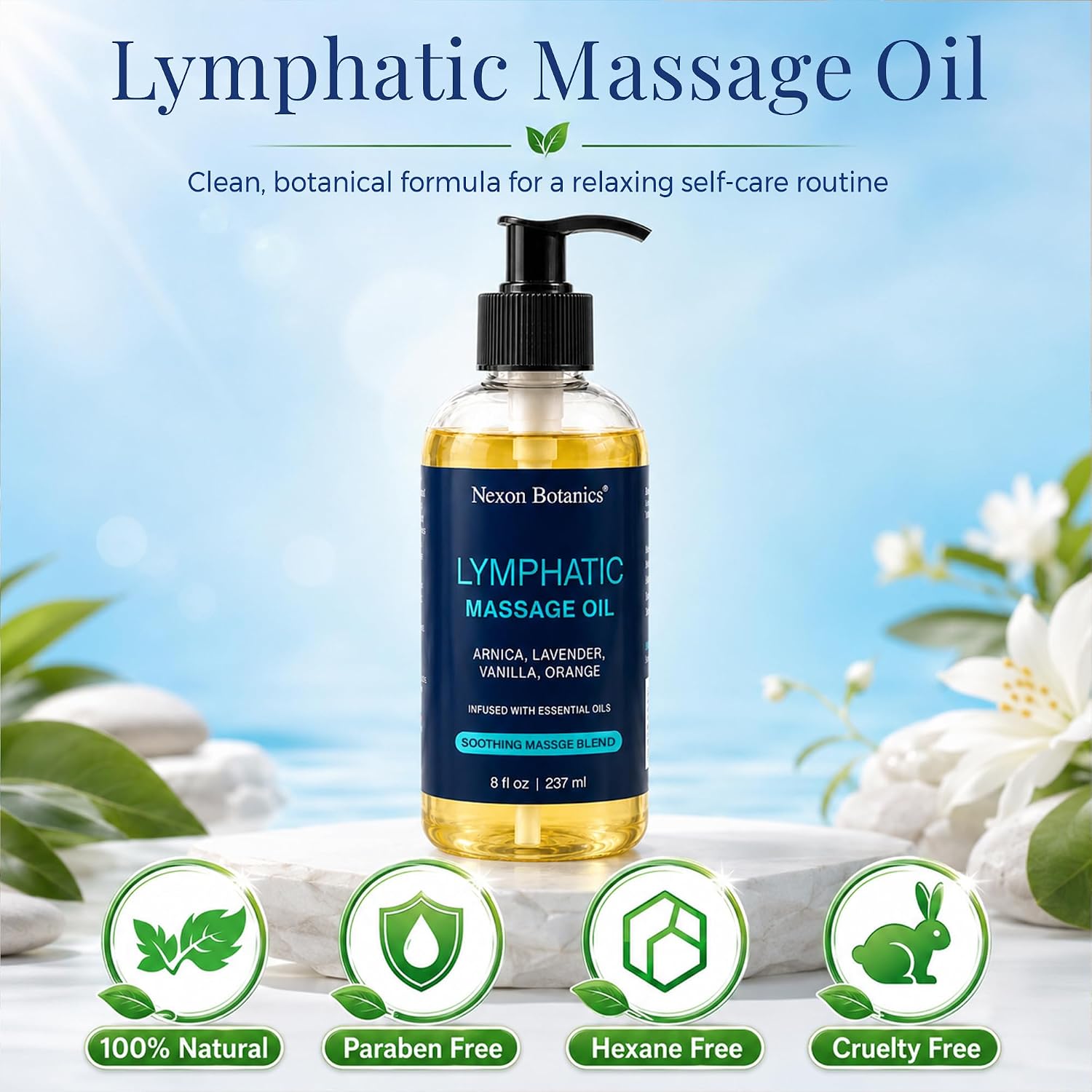 Lymphatic Massage Oil for Massage Therapy & Gua Sha with Arnica 8 fl oz | Lightweight, Non-Greasy, and Fast-Absorbing Blend - Floral Scent of Lavender, Orange & Vanilla - Nexon Botanics - Image 9