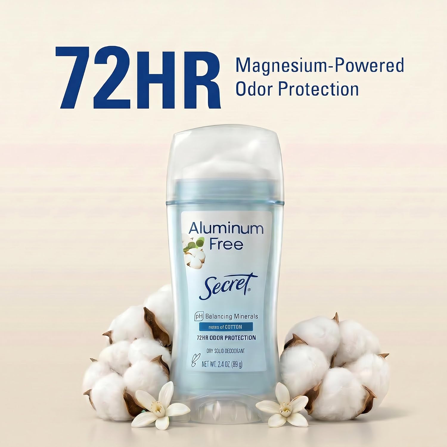 Secret Aluminum Free Deodorant for Women, 48hr Odor Protection, Free of Parabens Dyes Talc & Baking Soda, PH Balancing Minerals, Dry Solid, Cotton Scent, 2.4 oz - Image 3