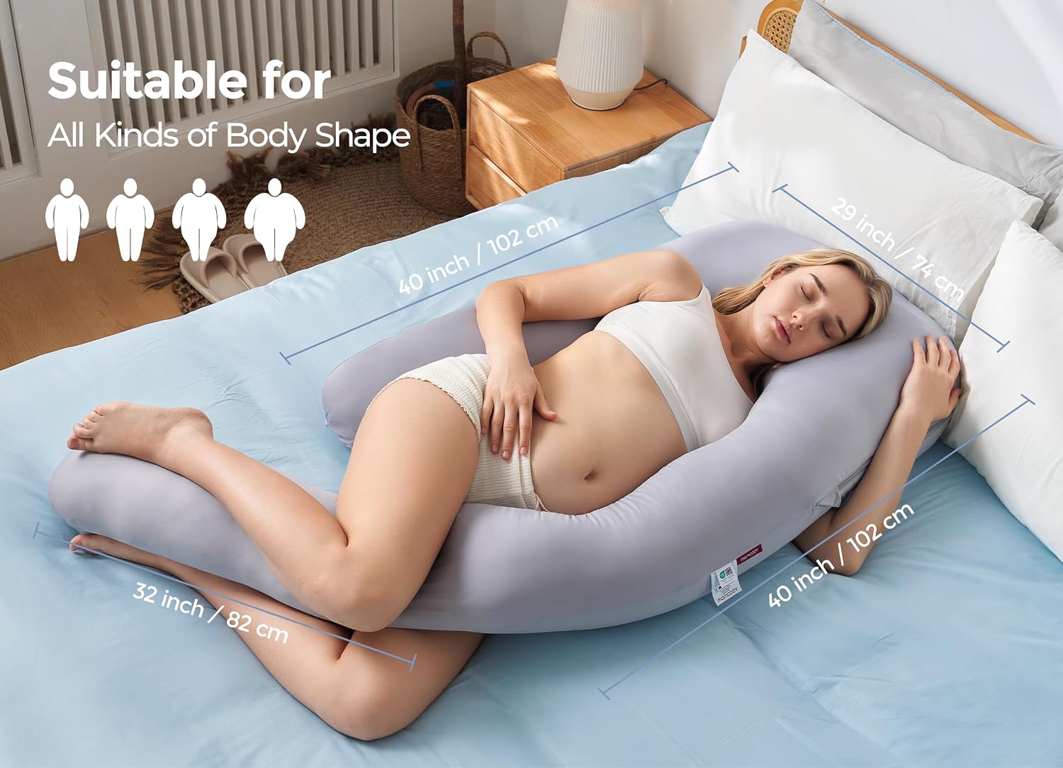 Momcozy Pregnancy Pillow for Sleeping - Dreamlign U Pro Maternity Pillow | Upgraded Adjustable Leg Pillow, Cooling Removable Cover, Full Body Support for Pregnant Women, Side Sleeper, 50-72 Inch, Grey - Image 7