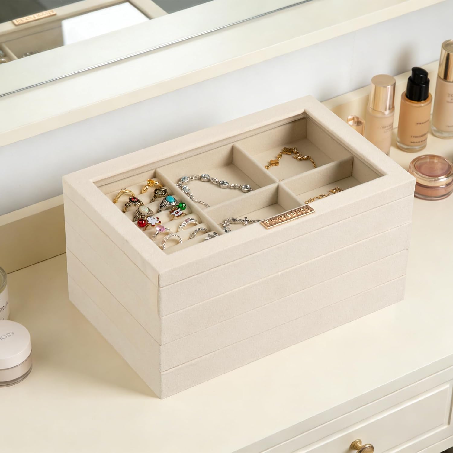 Stackable Jewelry Trays,Set of 4 Jewelry Organizer for Drawer | Glass Lid,Removable Dividers,Real Stackable Design,Velvet Material,Drawer Inserts,Jewelry Box for Earring Rings and Necklace - Image 6