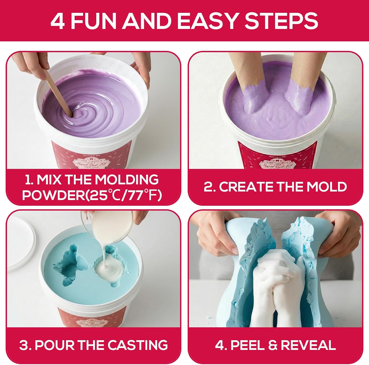 Falling in Art Hand Casting Kit Couples - Keepsake Plaster Hand Mold Kit | for Family, Kids, Adults with Large Bucket, Gloves, Powder Materials, Color Paints, Wooden Base, Valentine's Day gift - Image 7
