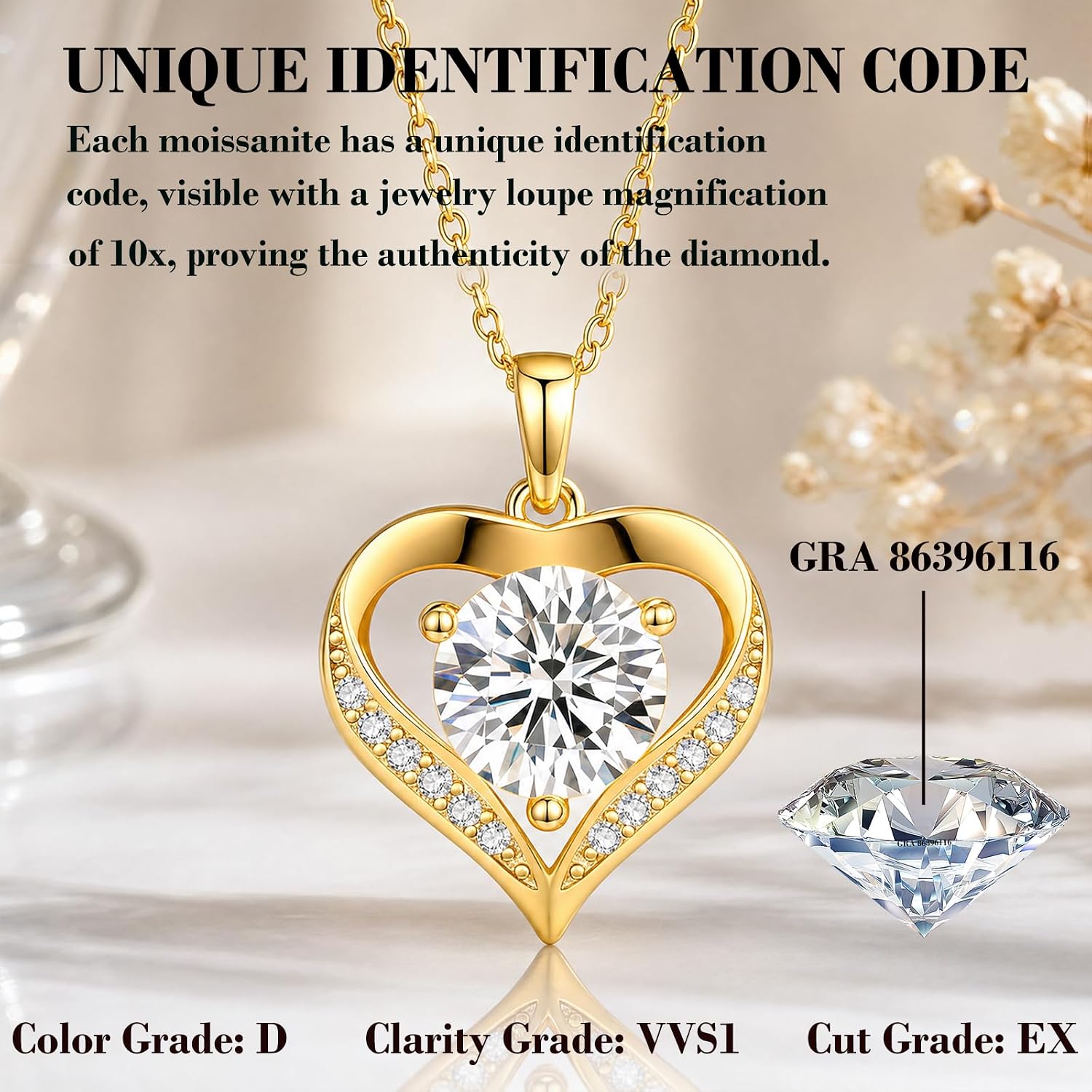 DALOJOE Moissanite Necklace for Women, 18K Gold Plated 925 Sterling Silver | 1-3 CT Moissanite Heart Necklace Engraved with "I LOVE YOU" – Anniversary or Birthday Jewelry Gift for Women, Wife or Mom - Image 3