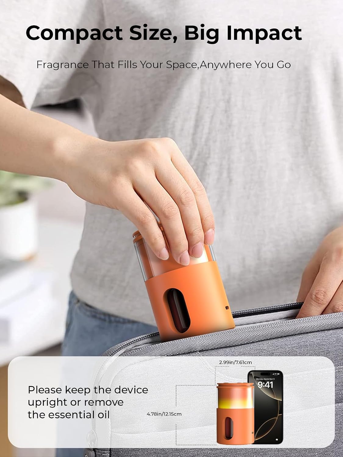 Waterless Essential Oil Diffuser: 𝟗-𝐂𝐨𝐥𝐨𝐫 𝐋𝐄𝐃 Orange | Portable Scent Diffuser - No Water No Heat For Pure Aroma - 48H Battery 3 Mist Levels & 4 Timers for Car Office - Image 6