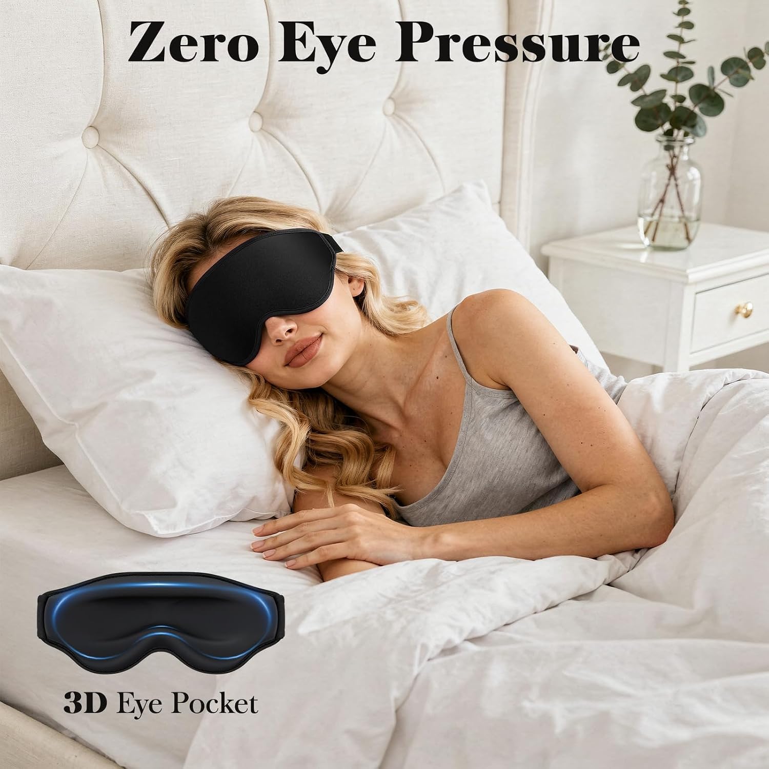 3D Eye Mask Sleep Mask for Men & Women, Black | 100% Pressure-Free & Light Block-Out Eye Mask for Sleep with Easy Adjustable Strap, Night Eye Cover for Travel - Image 3