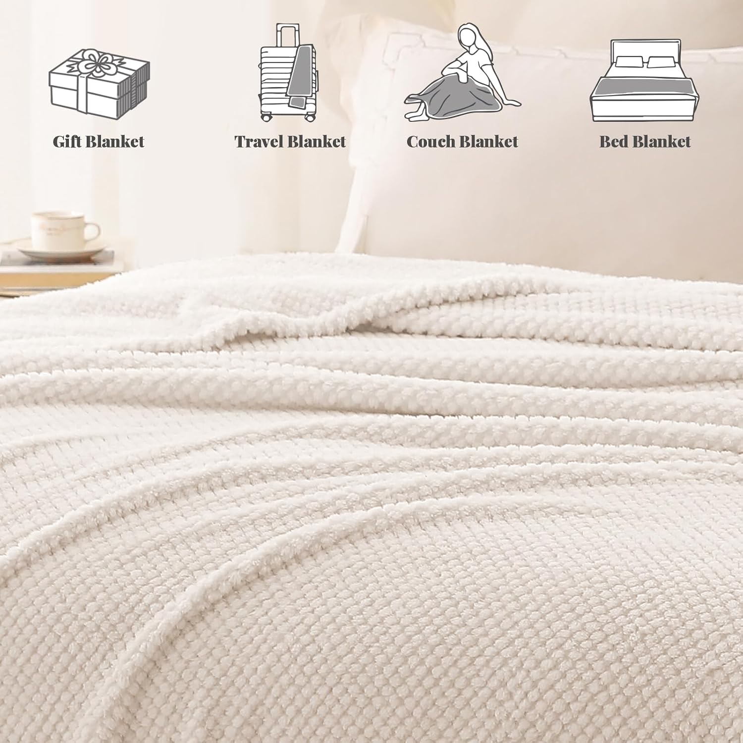 Whale Flotilla Soft Fleece Queen Size Bed Blanket, Ivory | 90x90 Inch, Suitable for Bed, Fluffy Fuzzy Jacquard Blankets for All Season, Lightweight and Cozy - Image 7