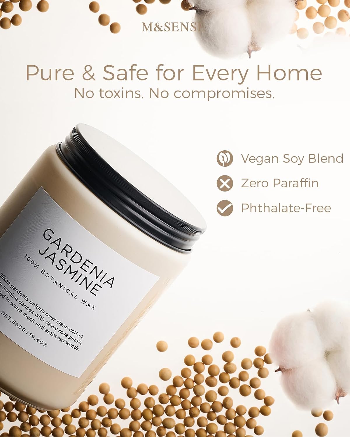 M&SENSE Large Gardenia Jasmine Home Scented Candles, 19.4oz Natural Soy Wax | 110 Hours Long Lasting, Slow Burn, Non Toxic Clean Burn, Spring Floral Scent Aromatherapy Gift for Women - Image 5