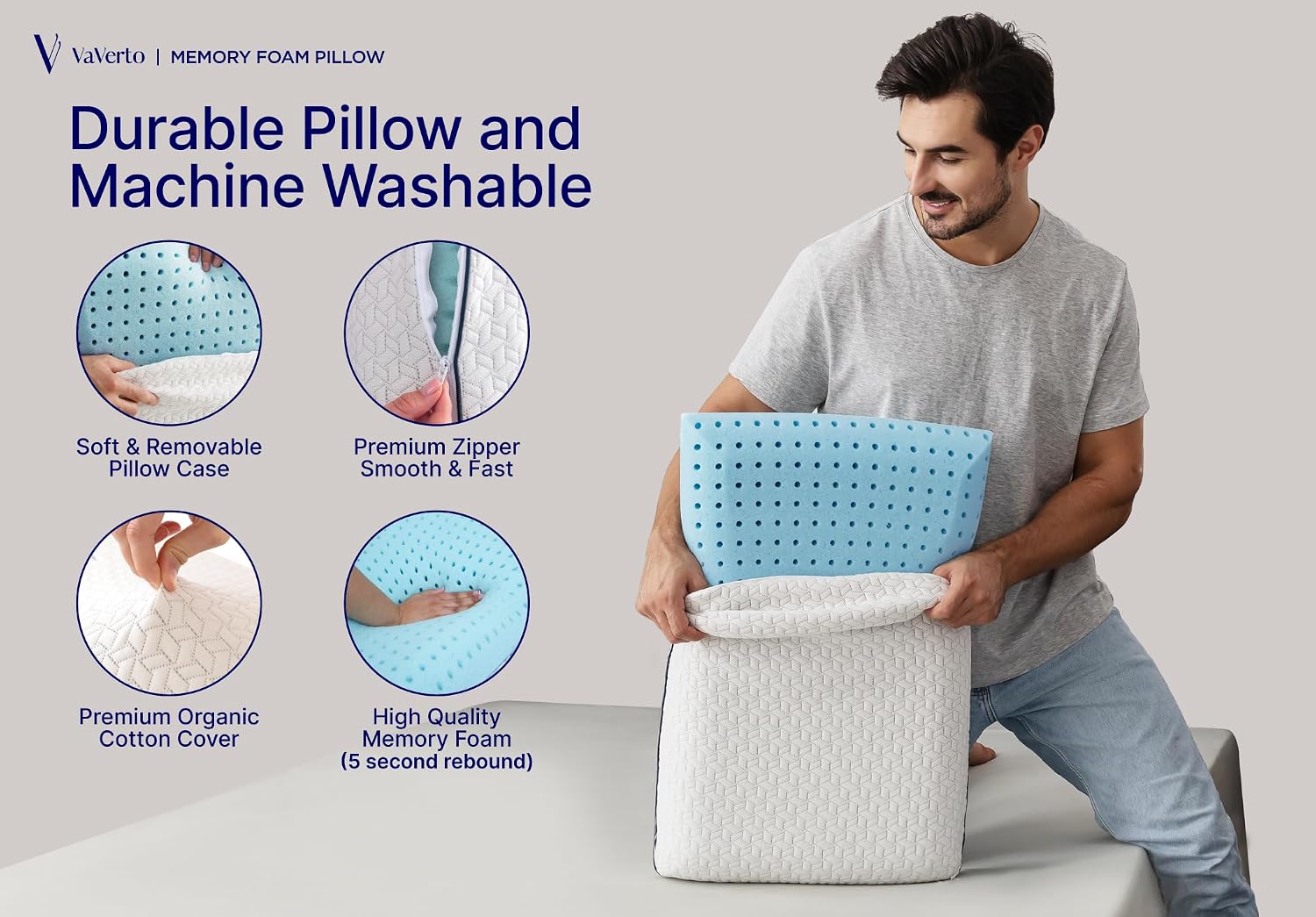 King Size Memory Foam Pillows - Firm Pillow - King Size 1-Pack | Memory foam pillow - Back stomach & side sleepers - Shoulder & back pain relief -Cooling pillow washable bamboo viscose cover - Image 4