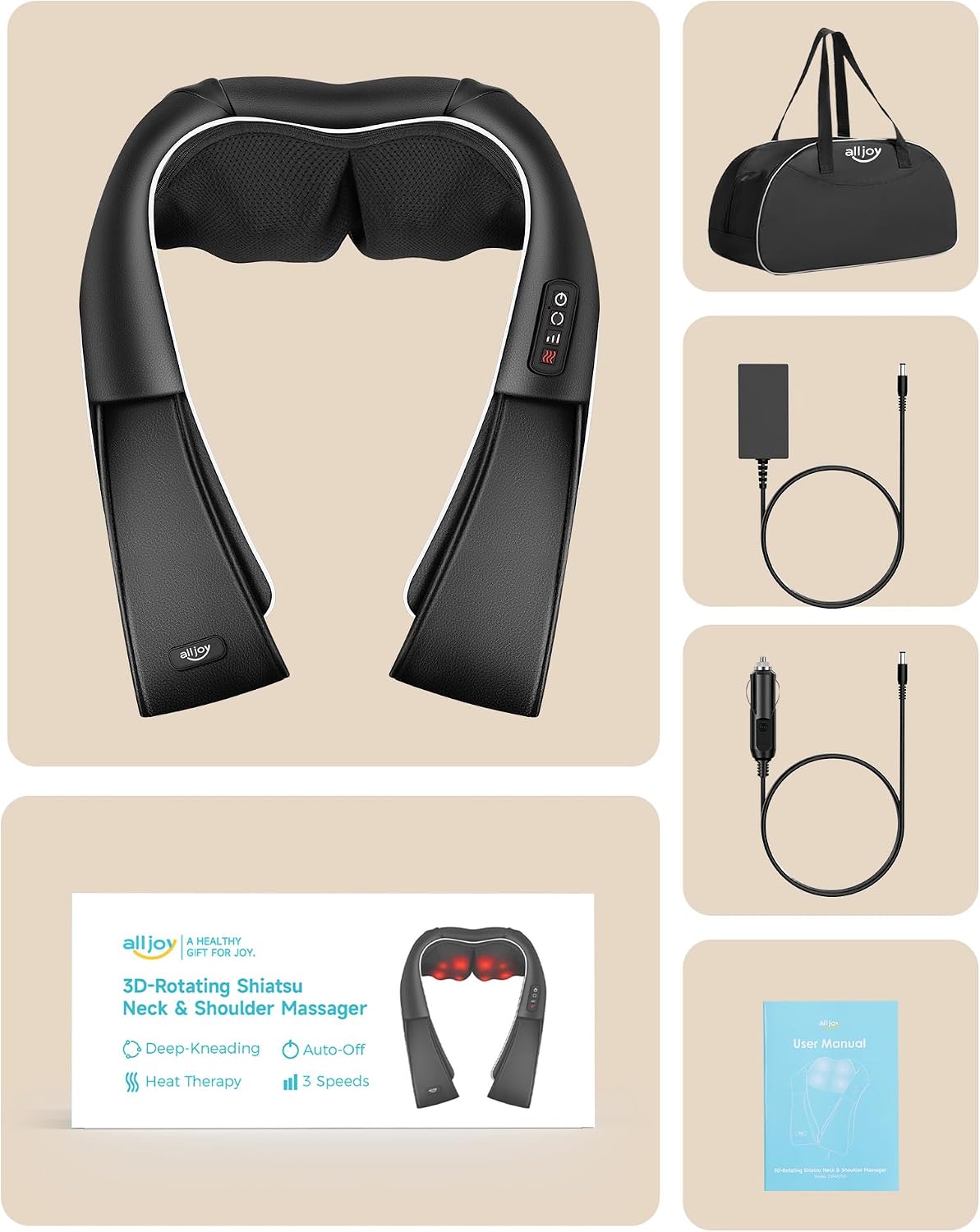 ALLJOY Shiatsu Neck and Back Massager with Heat, Deep Tissue Kneading Electric Massager for Shoulder, Lumbar, and Leg Pain Relief, Self-Care Wellness Gifts for Women Men Mom Dad | 3 Intensities with Heat up to 113°F, 15 Minute Auto Shutoff Overheat Protection and Travel Bag for Home Office and Car Use - Image 8