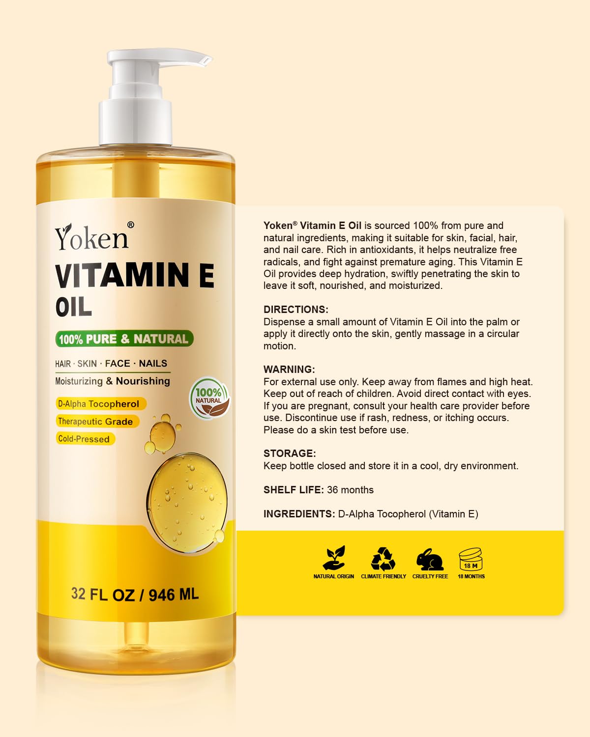 Yoken Vitamin E Oil for Skin 32 Oz Bulk Cold Pressed DIY Body oils for Face | Pure D-Alpha Tocopherol Vitamine Liquid Nails Vit e Women Moisturizing Dry Face Unscented Carrier Oil Hydrate Hexane Free - Image 7