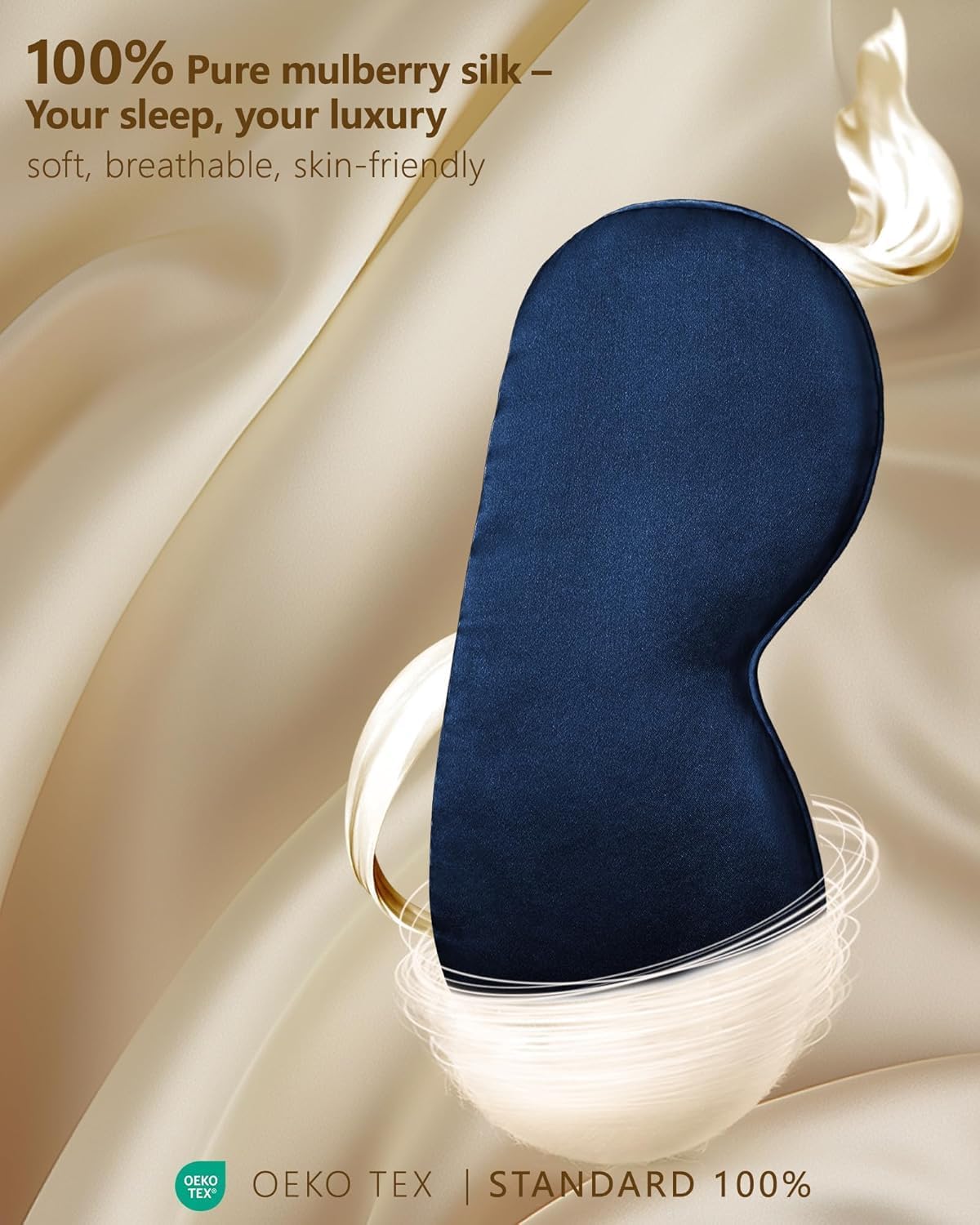 Silk Eye Mask for Sleeping - Soft Breathable Organic Natural Mulberry Silk Fabric Blackout Sleep Mask with Adjustable Straps No Pressure Eye Mask for Travel Essentials Gifts (Navy Blue) - Image 2