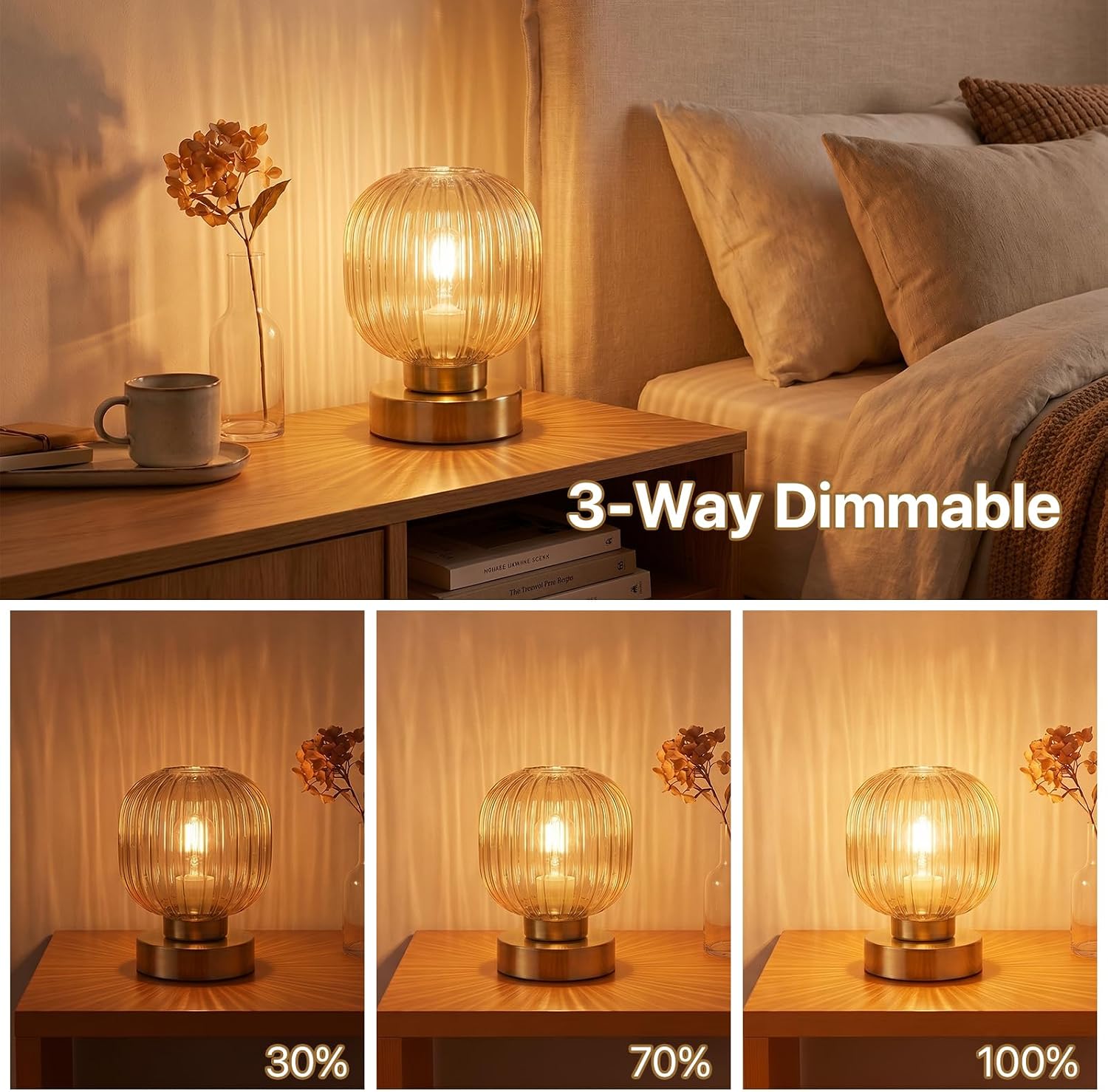 Elenhome Amber Touch Glass Table Lamp Set of 2, 3-Way Dimmable Bedside Lamps, Vintage Mid-Century Modern Nightstand Lamps for Bedroom and Living Room, Ambient Mood Lighting, LED Bulb Included - Image 3