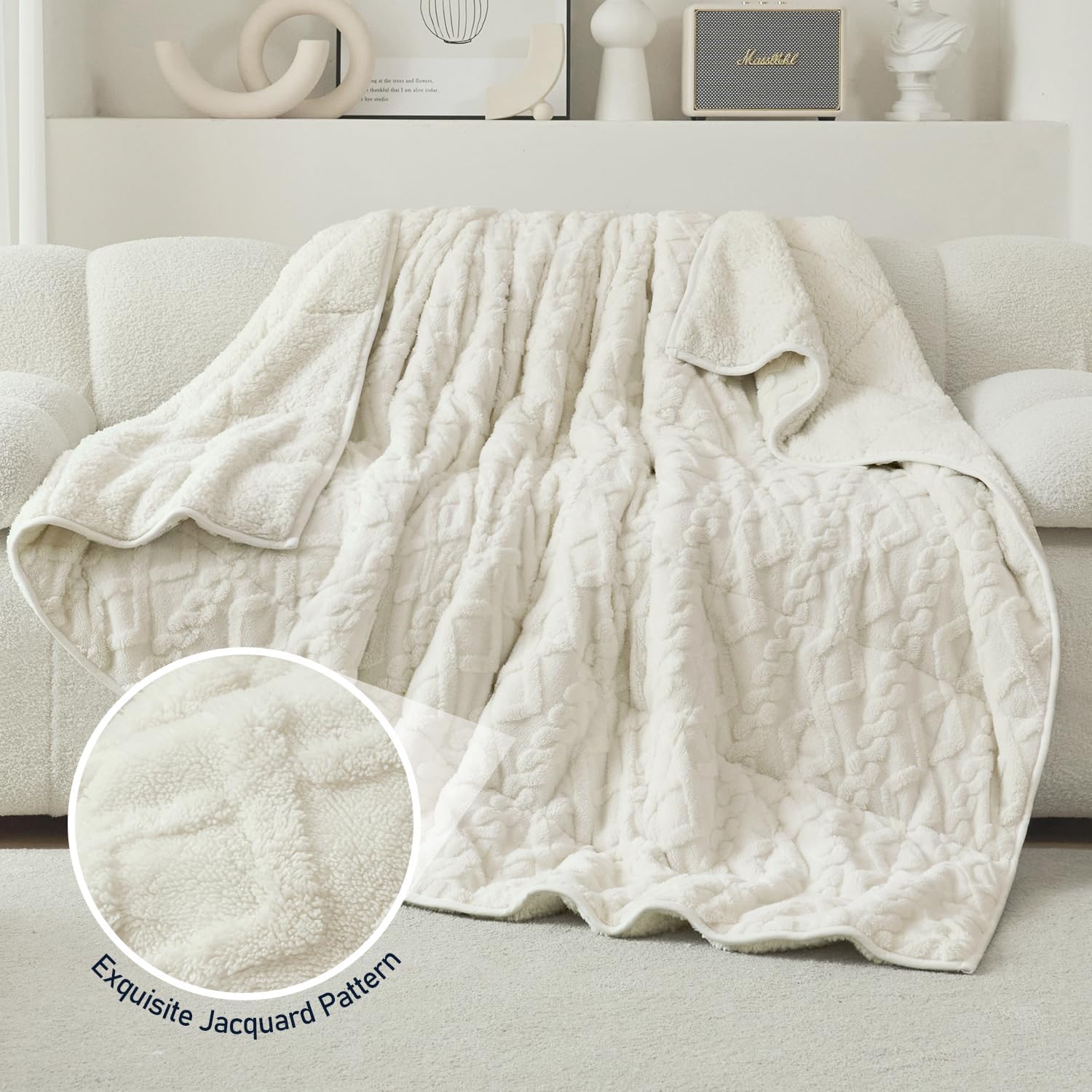 Weighted Blanket for Adults Twin Size 15 lbs 48" x 72" Cream White | Boost Sleep Quality, Relax Body & Mind, Dual Sided Soft Fuzzy Heavy Throw Blankets, Jacquard Knitted, Chunky Warm Fluffy - Image 5