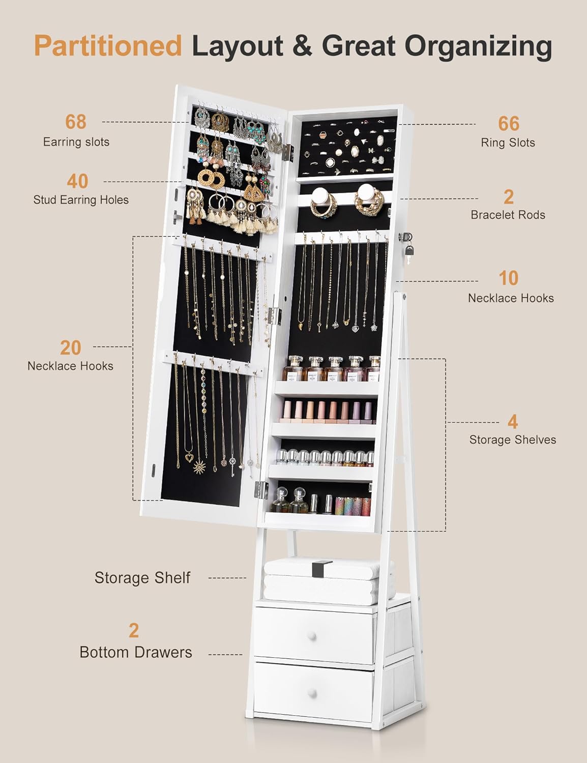 Jewelry Cabinet Armoire, 2 Drawers, Full Length Mirror, Pure White | Standing Mirror Jewelry Cabinet, Lockable Jewelry Armoire with Mirror, Adjustable Angles, Easy Assembly, Gift Idea, HD Glass - Image 4