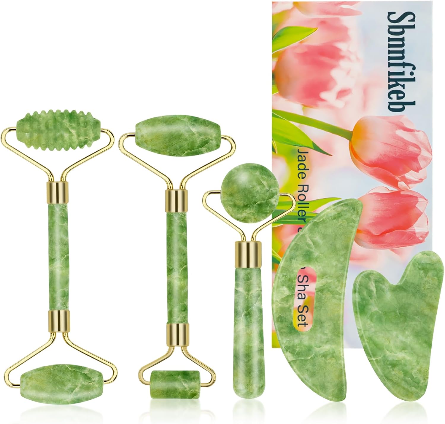 Cooling Natural Jade Face Roller & Gua Sha Tool | 5-in-1 Skincare Kit for Depuffing & Jawline Sculpting, Self Care Beauty Gifts for Women