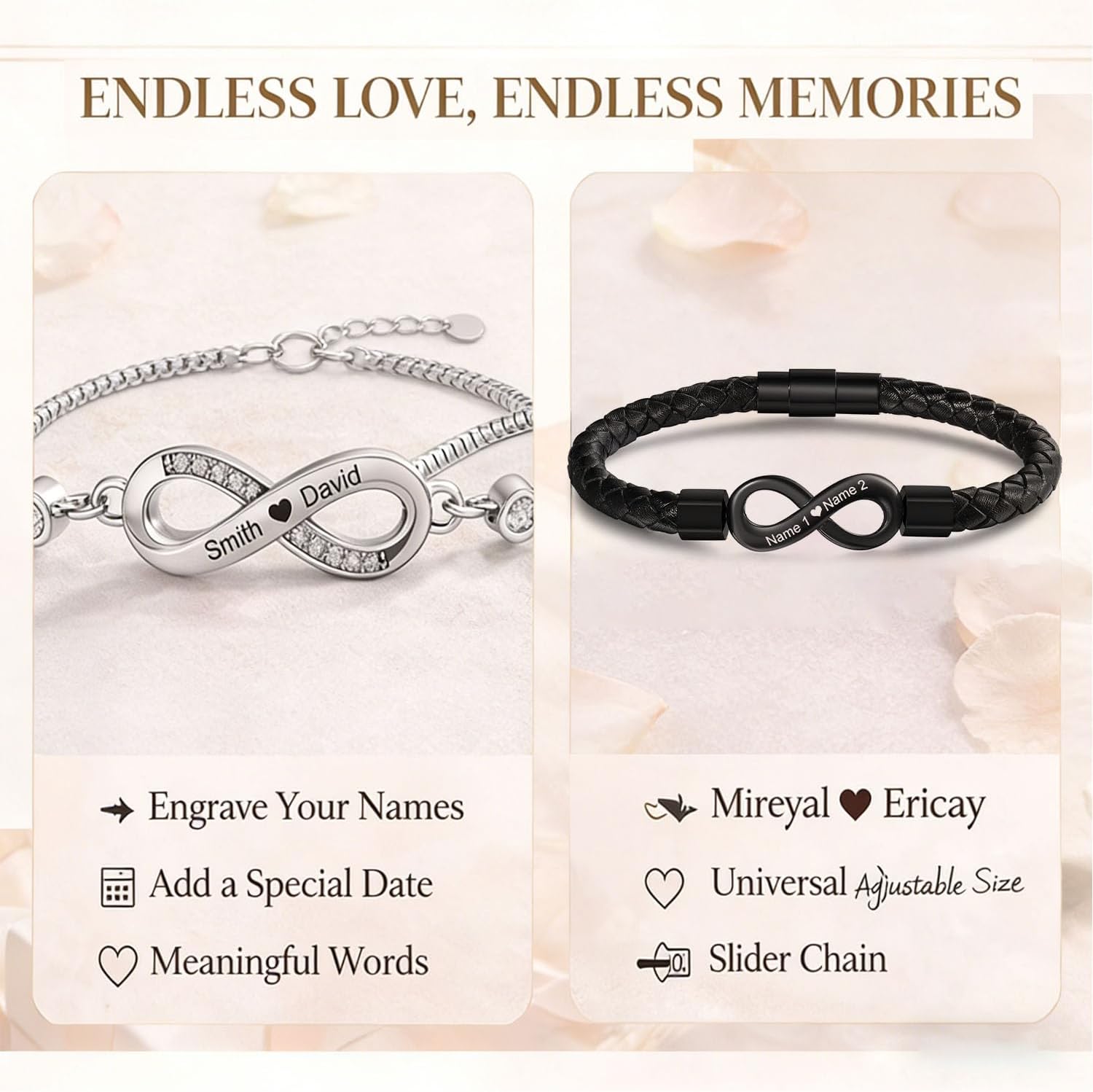 Personalized Infinity Bracelets for Couples, Custom Name Matching Bracelets for Him and Her, Adjustable Engraved Couple Jewelry for Valentine’s Day - Image 3