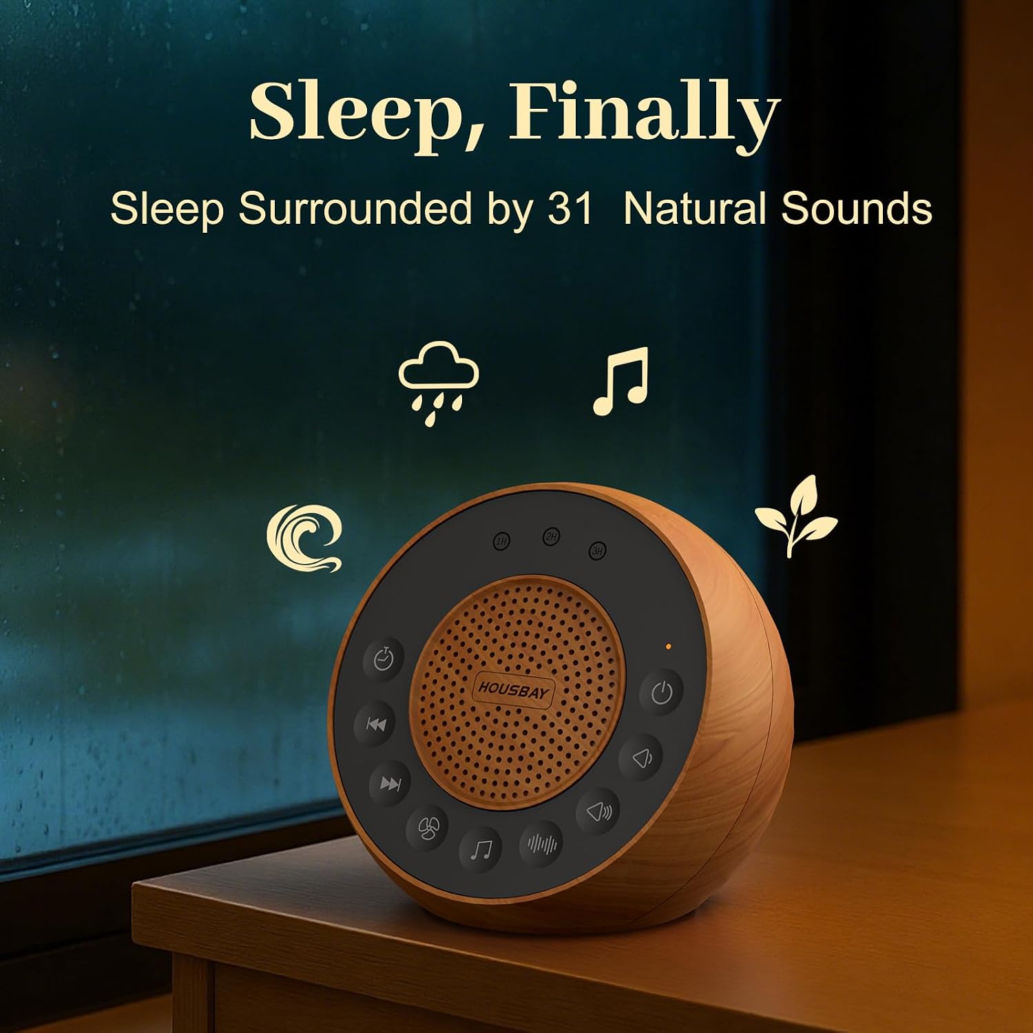 Housbay White Noise Machine with 31 Soothing Sounds, 5W Loud Stereo Sound, Auto-Off Timer, Adjustable Volume, Sleep Sound Machine for Baby, Kid, Adult -Wood Grain - Image 2