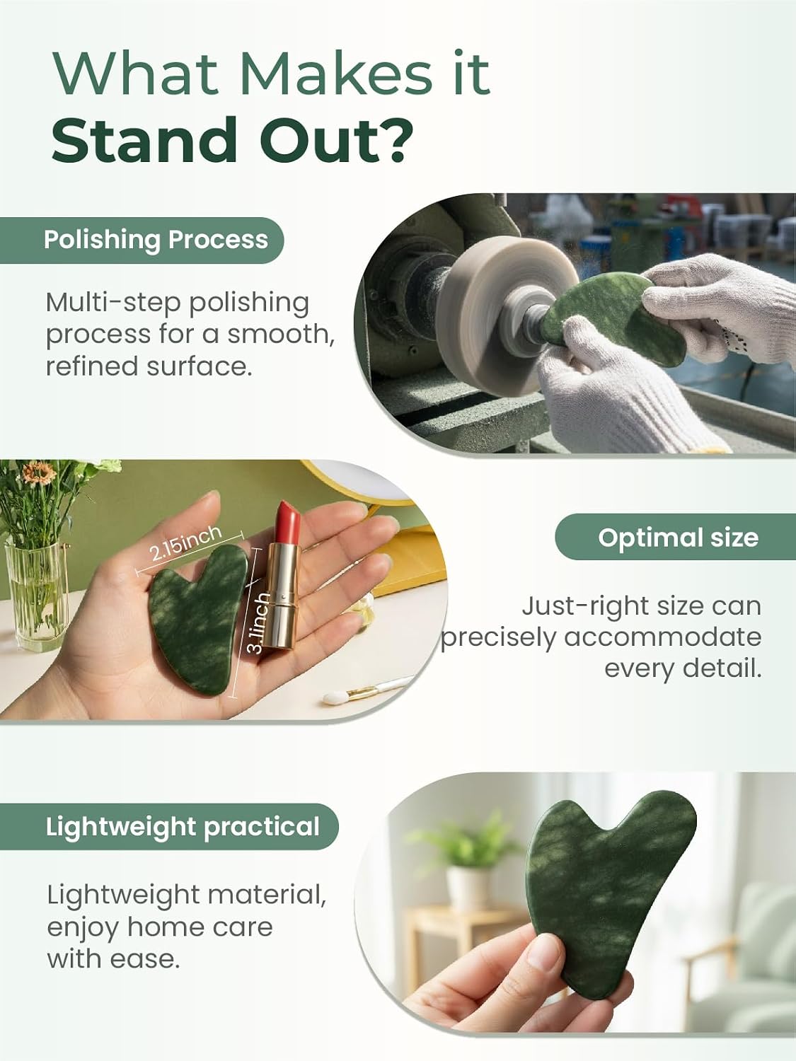 Gua Sha Facial Tools, Natural Jade Stone Guasha Tool for Face Acupuncture Therapy Trigger Point Treatment, Gua Sha Scraping Massage Tool (Green) - Image 4