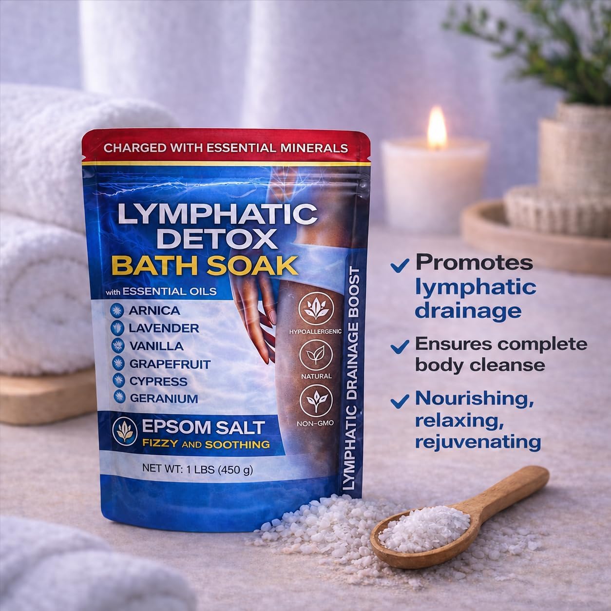 Bruizex Arnica Montana Bath Salts, Epsom Salt Bath Soak with Magnesium, 1lb | Infused with six essential oils; for lymphatic drainage, body detox, foot soaks and post-surgery swelling - Image 4