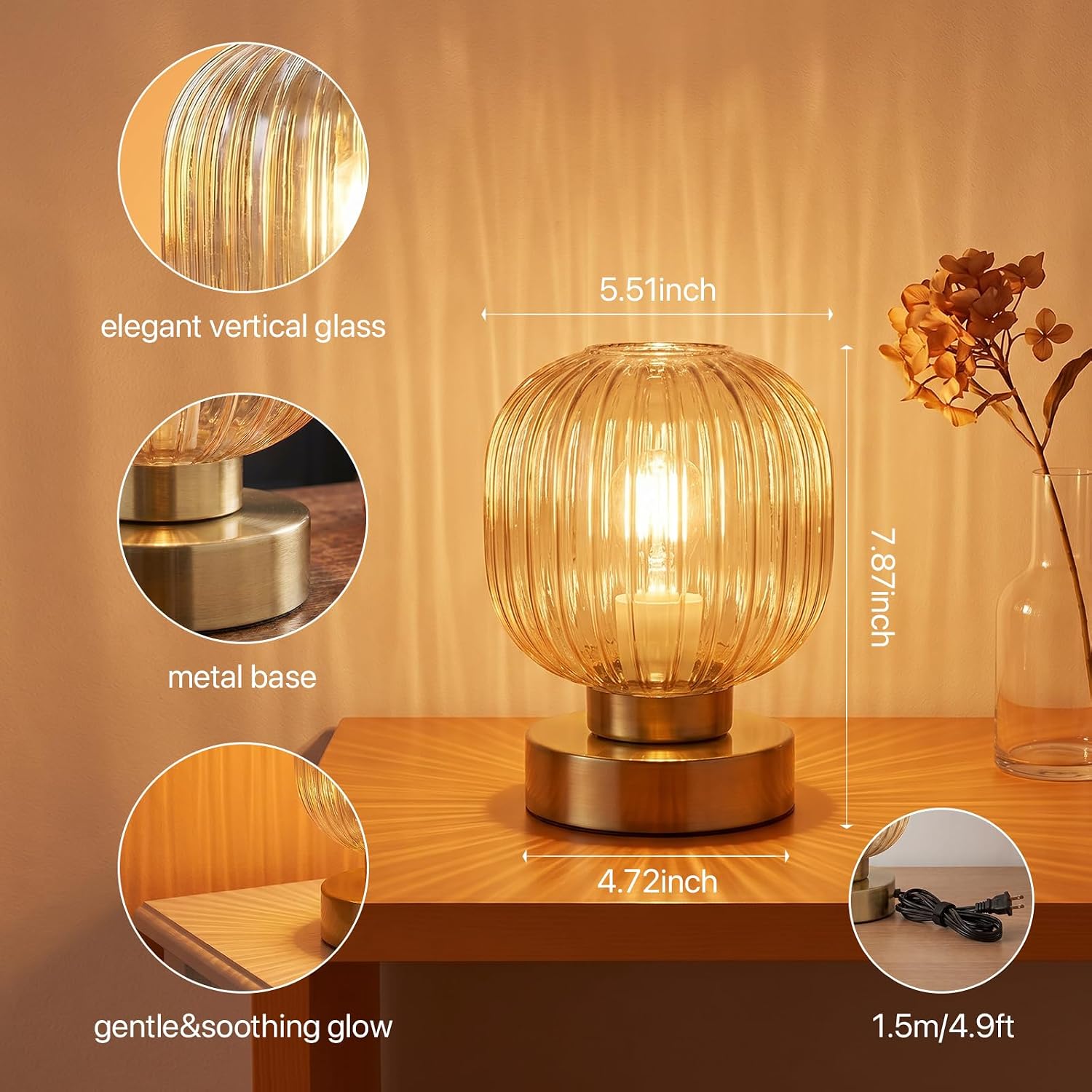 Elenhome Amber Touch Glass Table Lamp Set of 2, 3-Way Dimmable Bedside Lamps, Vintage Mid-Century Modern Nightstand Lamps for Bedroom and Living Room, Ambient Mood Lighting, LED Bulb Included - Image 4