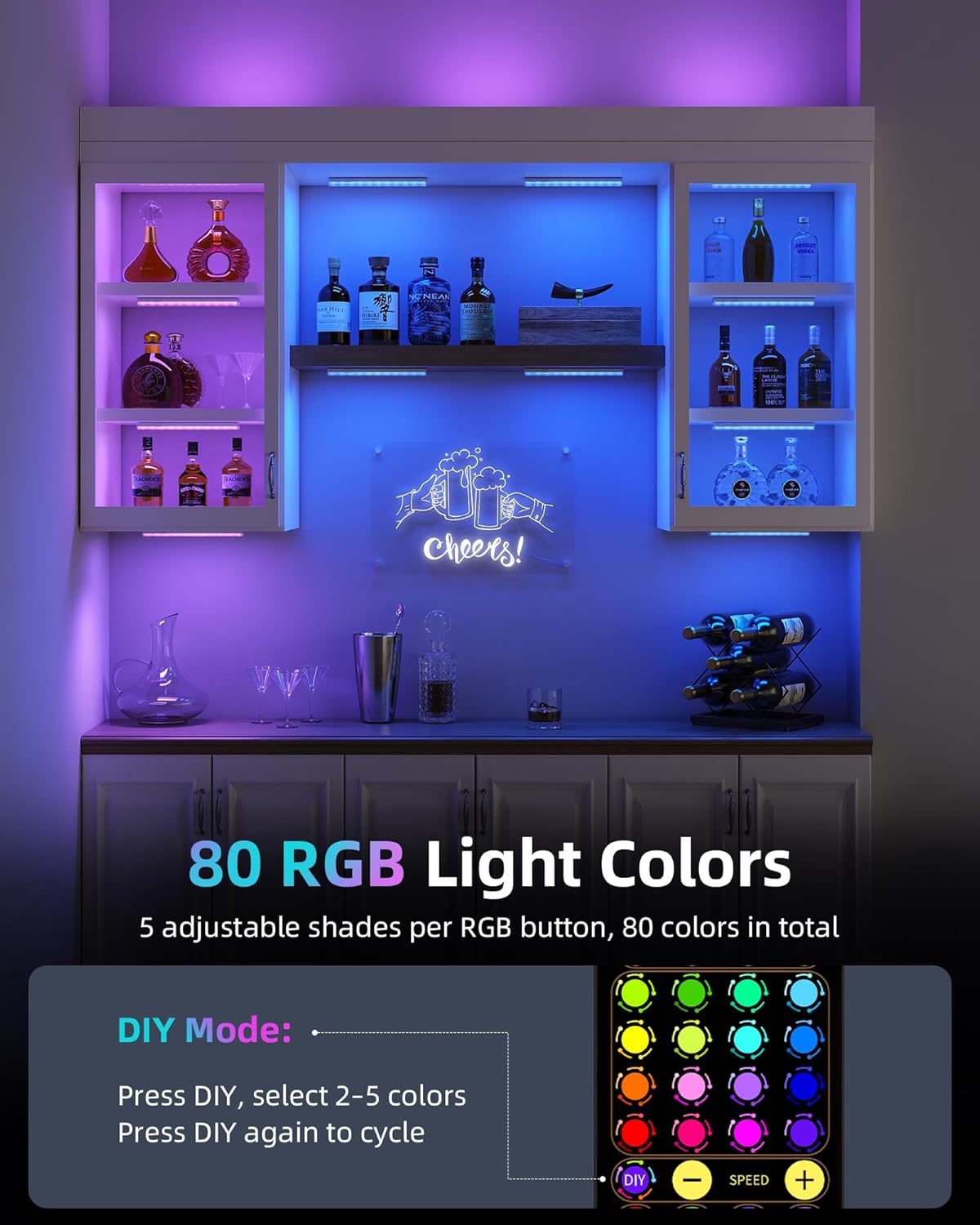 EZVALO 80RGB Color Changing Under Cabinet Lighting, Led Shelf Lights | Wireless, Rechageable, Magnetic, Remote Control, Color Changing, Diammble, DIY Mode, 1800mAh Battery, Memory Function - Image 2
