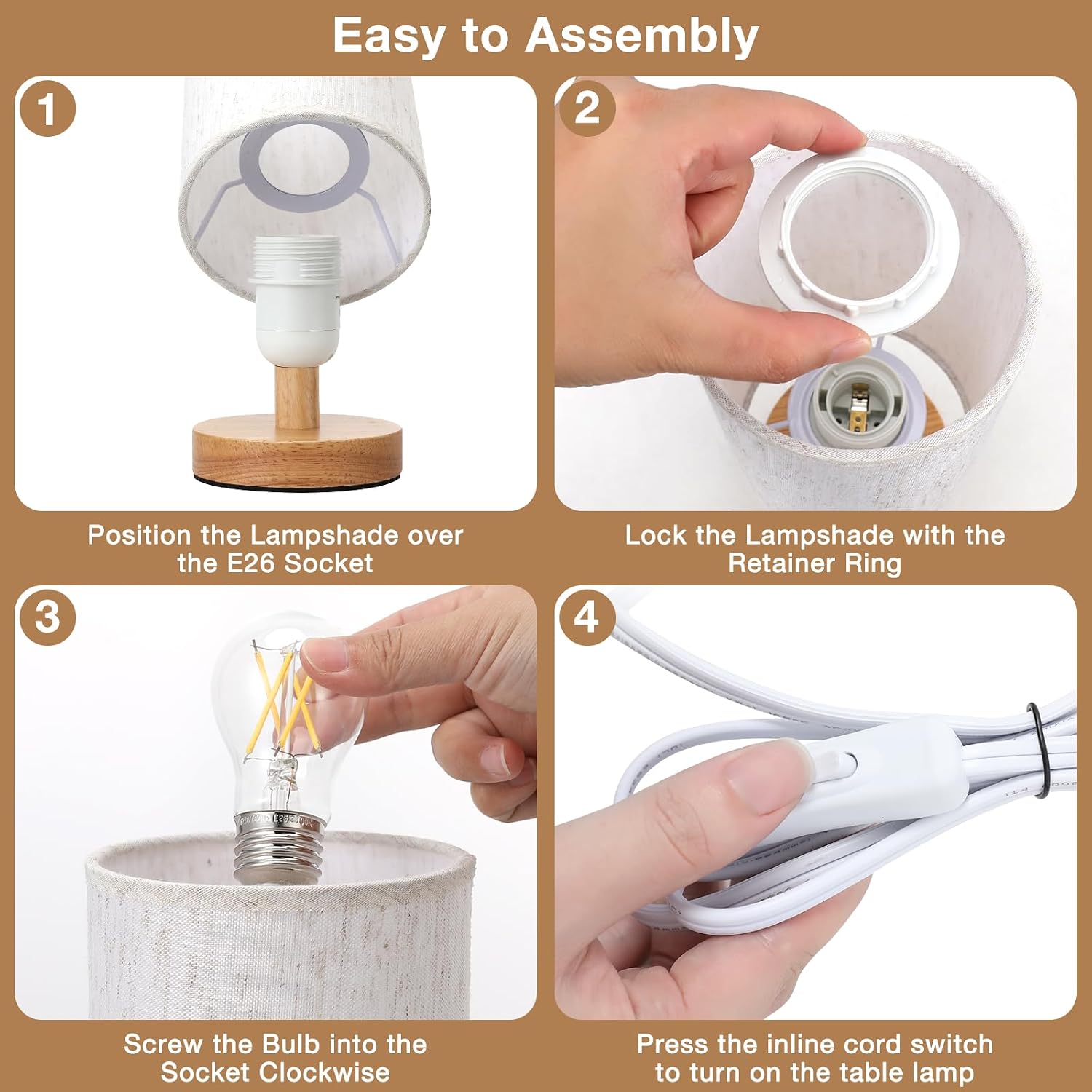 9" Small Table Lamp for Bedroom - Inline Control with 3000K Blub | Cream Shade and Wood Base | 680 Lumens | Easy Assembly | Minimalist Design | E26 | for Kitchen | for Kids Room - Image 8