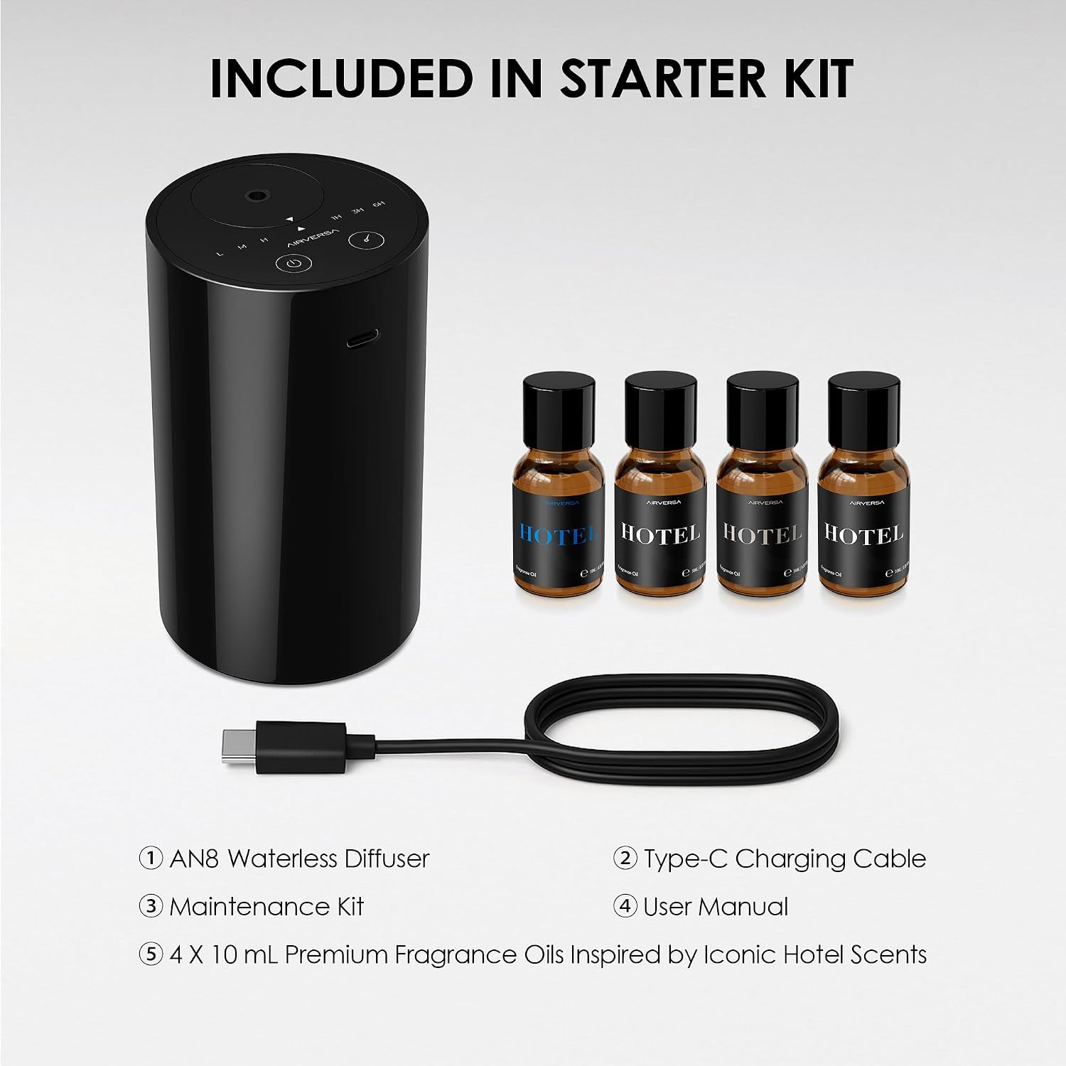 Airversa AN8 Waterless Essential Oil Diffuser Starter Kit, Black | 4 x 10mL Hotel Scent Fragrance Oi, Up to 600 sq ft, Battery Operated, Portable for Home Car Office, AN8Kit-4x10-01 - Image 4