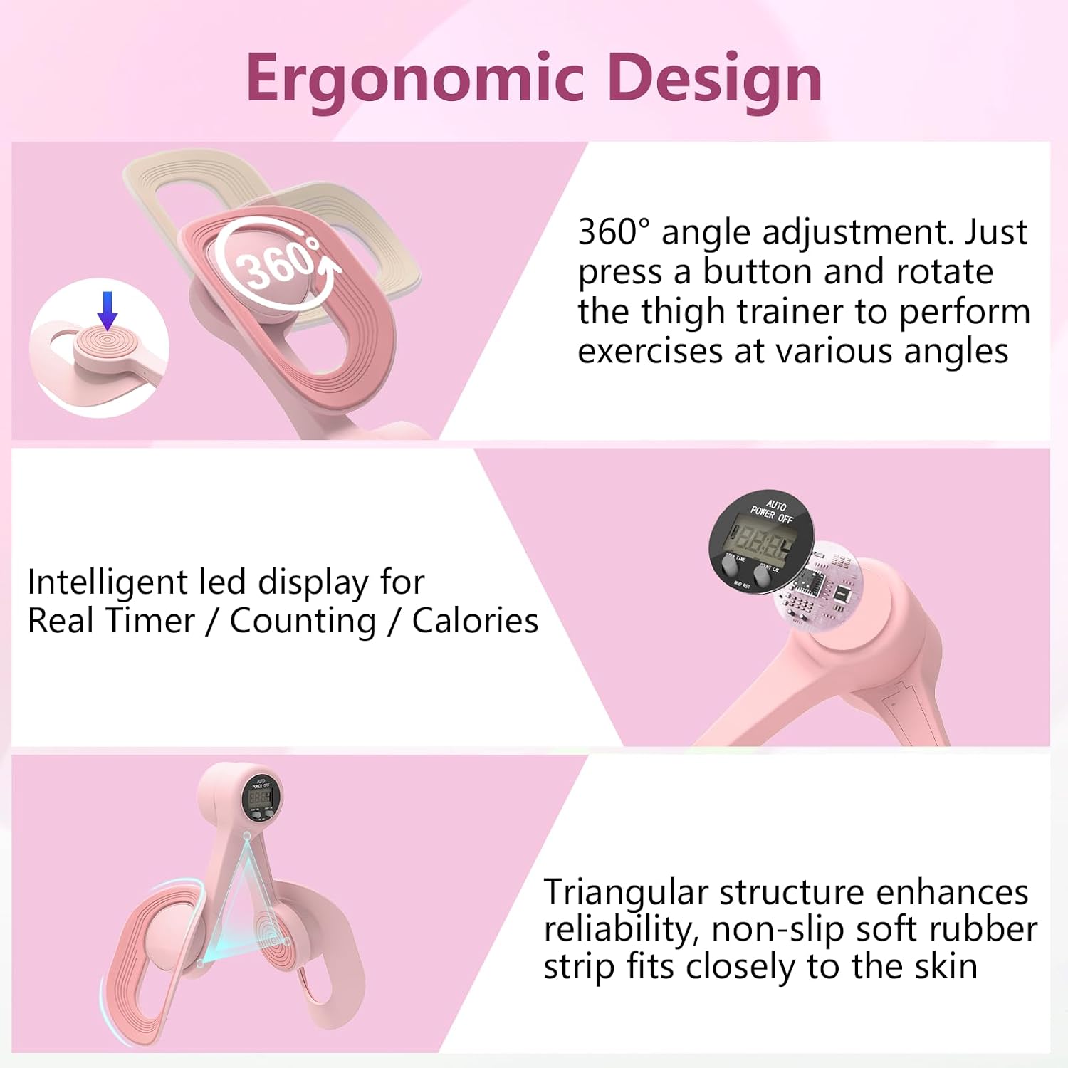 Thigh Trainer with LED Display - Pelvic Floor Trainer for Hip, Leg, Arm | 360° Adjustable Inner Thigh Exerciser with 20LB Resistance Band, Home Workout Equipment for Women, Pink - Image 3