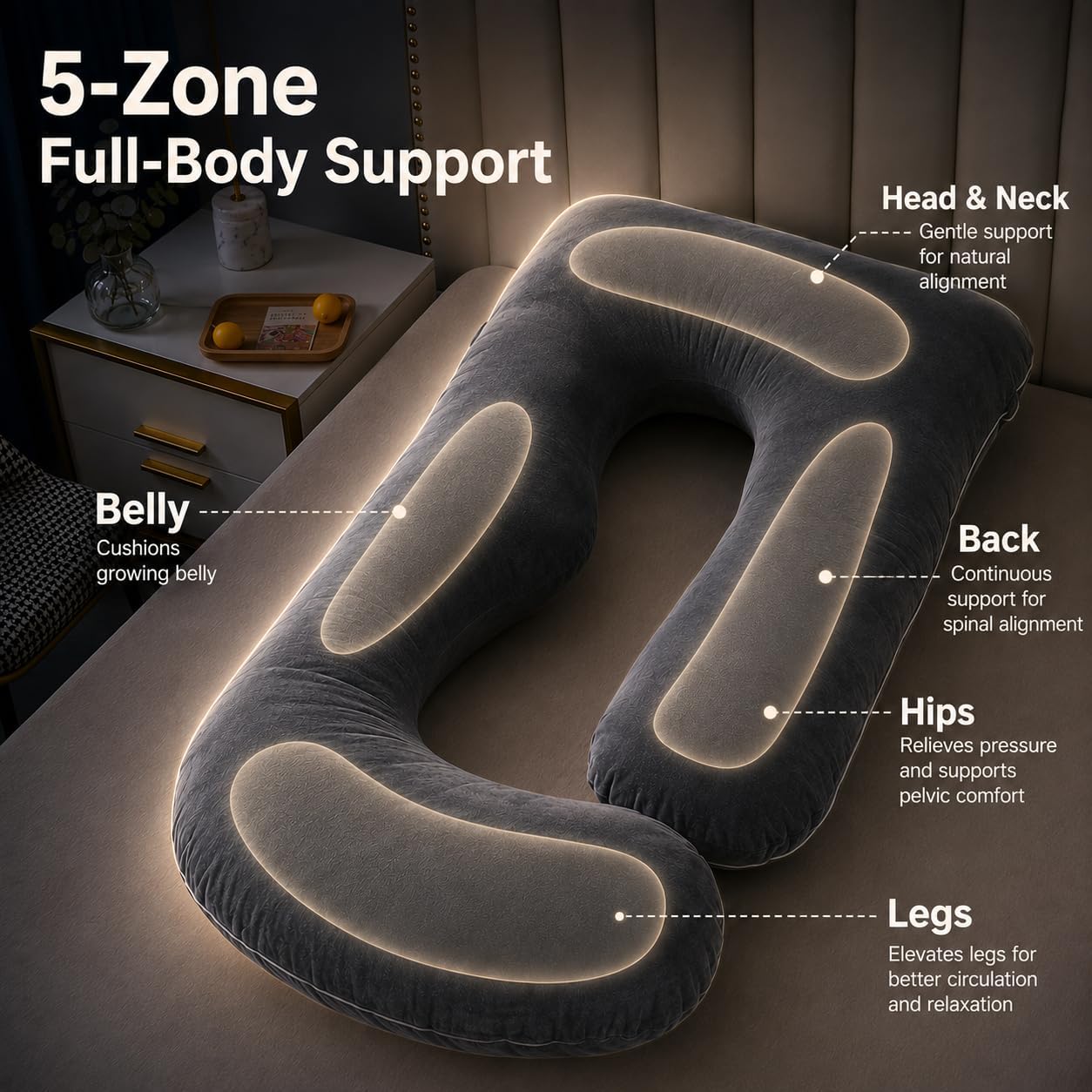 ALLOPERA U Shape Pregnancy Pillow - Full Body Maternity Pillow for Sleeping | Side Sleeper Support for Back, Belly, Hip & Leg, Pregnant Women, Removable & Washable Cover, Adjustable Fill, 57 Inch, Velvet - Image 4