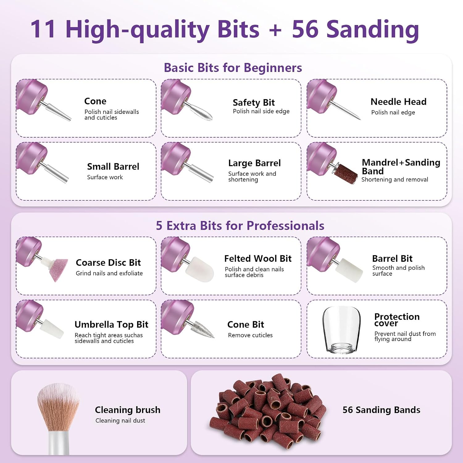 TUOBEO Cordless Nail Drill Electric Nail File Kit, Rechargeable Efile Set | Portable Acrylic Gel Nail Polish Remover Machine, Pedicure Manicure Tool, 11 Bits, 56 Sanding Bands, Salon Home, Purple - Image 8