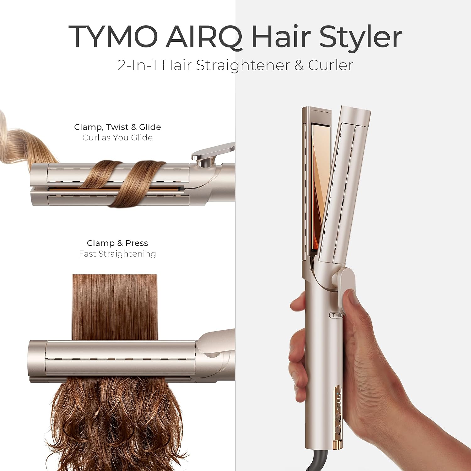TYMO Dual-Size Cooling Airflow Flat Iron Curling Iron 1 1/2 Inch to 2 Inch, AIRQ Hair Straightener and Hair Curler in One, Beach Waves Ionic Curling Wand Curler, Nano Titanium, Dual Voltage, Gold - Image 2
