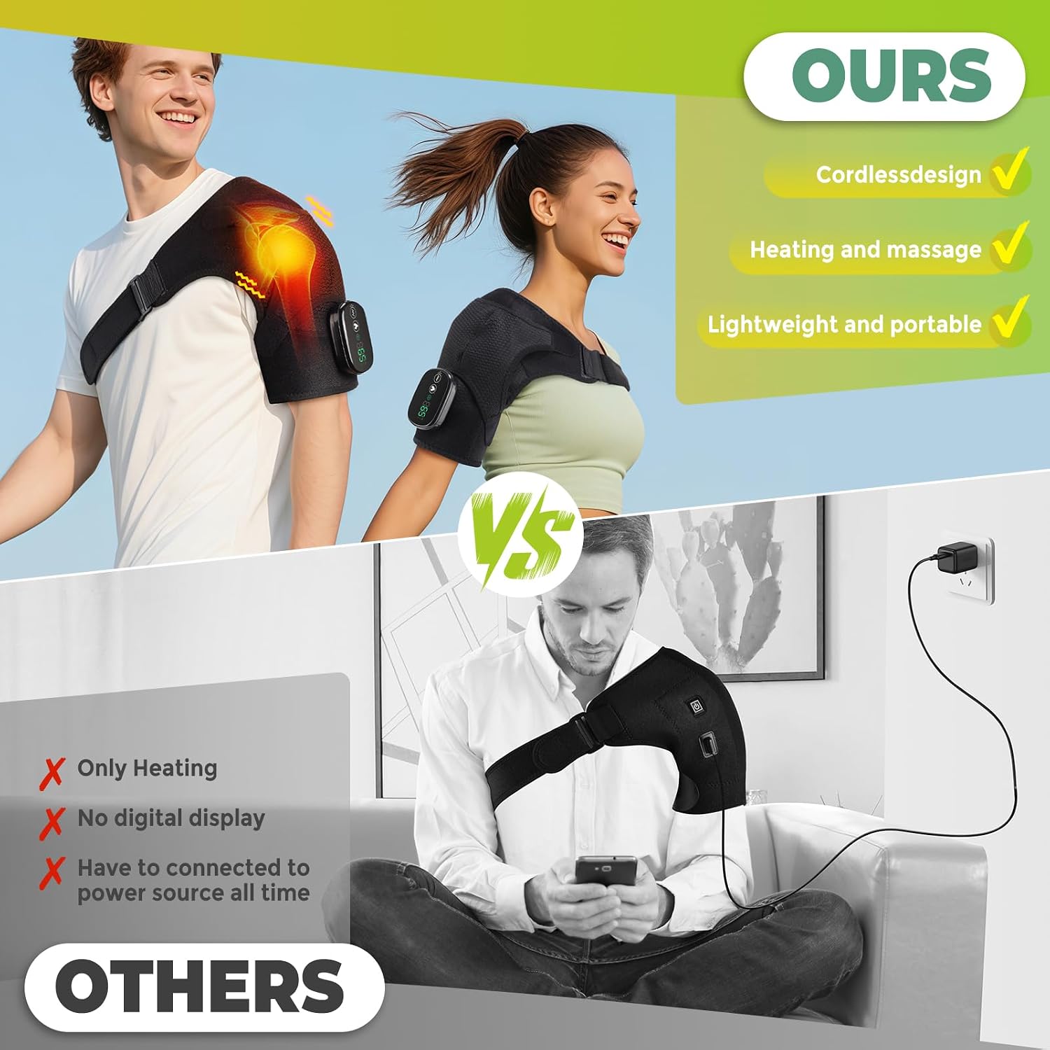 Cordless Shoulder Heating Pad, FSA Eligible Heated Shoulder Massager | 3 Vibration and Heating Modes, Breathable Fabric, HD Display, 5000mAh Battery, Adjustable Size, for Rotator Cuff - Image 4
