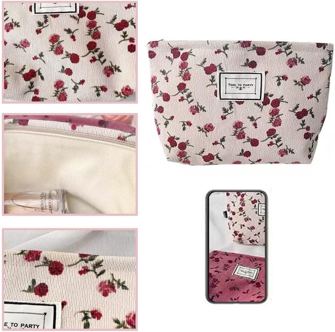 Cosmetic Bags for Women, Large Floral Makeup Bag for Purse, Dark Red Rose | Travel Toiletry Zipper Canvas Pouch, Bag Organizer for Travel Essentials, Make Up Brushes Storage, Purse Organizer Pouches - Image 9