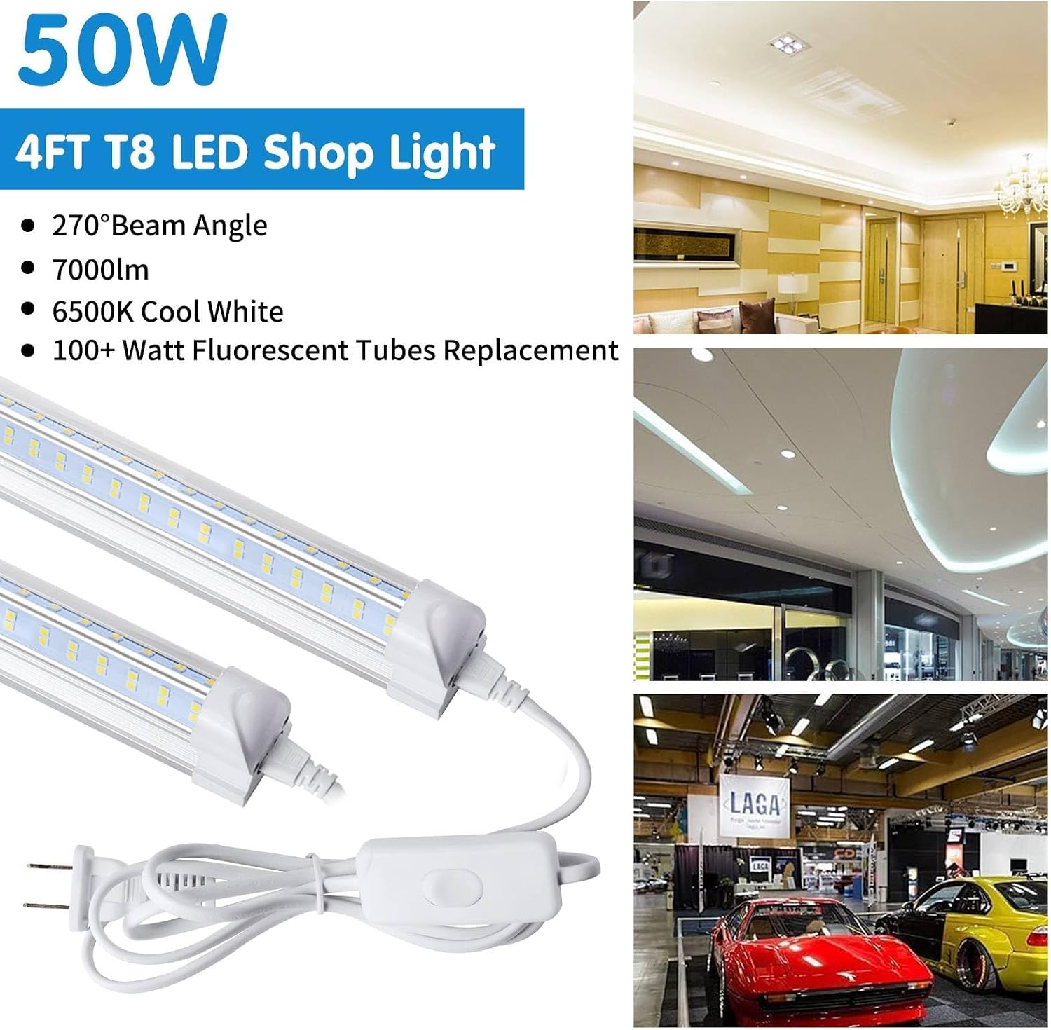 Led Shop Lights,Led Shop Lights 4FT 50W 6500K 7000LM Clear White,Shop Light 4FT 110V Linkable Integrated V-Shape for Shop Garage,Warehouse,Workbench and Workshop Commercial Bay Lighting(4-Pack) - Image 2