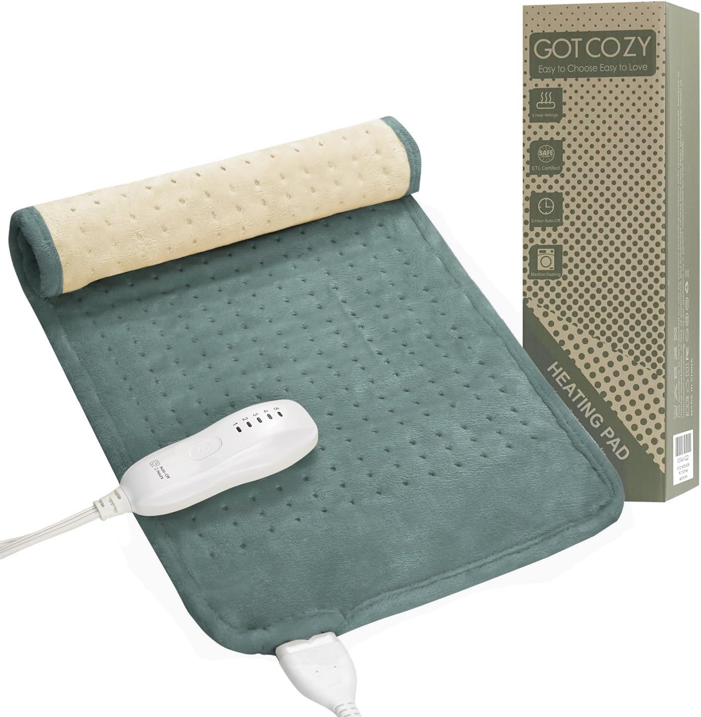 GOTCOZY Heating Pad 12"x24" for Back Pain Relief & Cramps(Green) | Multiple Heat Levels,Auto Shut-Off,Electric Heated Pad for Neck & Shoulder,Fast Heating,Birthday Gifts For Men Women