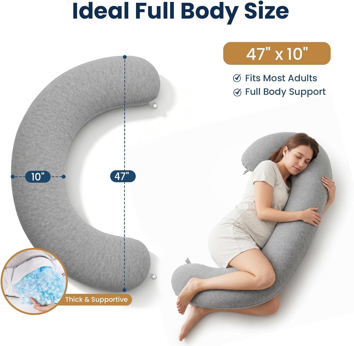 TranquilRelax C Shaped Body Pillow for Side Sleepers, Grey-47"*10" | Memory Foam Long Pillow for Leg, Body Pillow, Pregnancy Pillow, Leg Support, Soft Washable Cover - Image 2