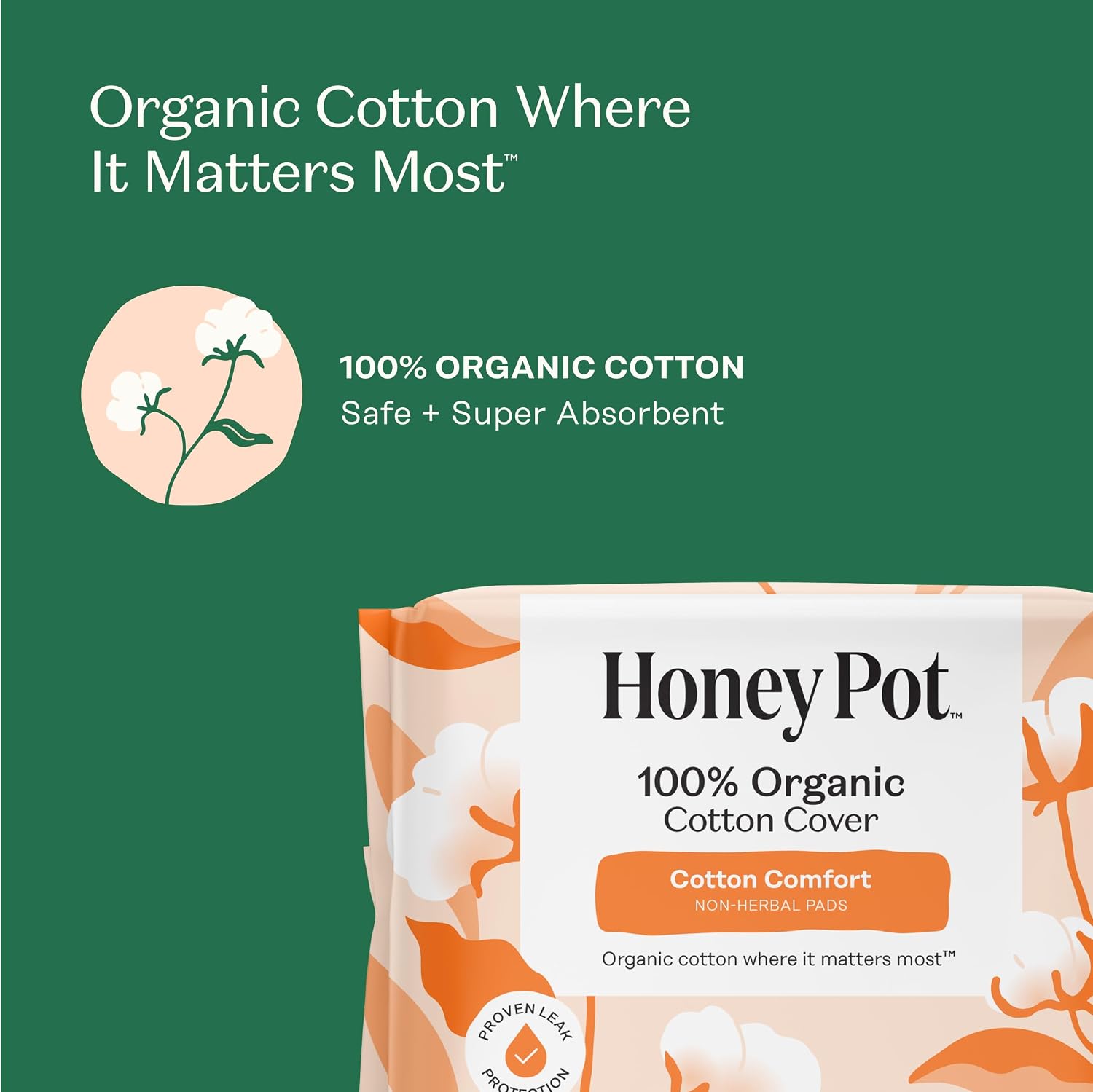 The Honey Pot Company - Cotton Comfort - Regular Pads for Women | Non-Herbal - Organic Cotton Cover - Menstrual Pads w/Wings - No Fragrance, Ultra-Absorbent Pulp Core - Feminine Care - 20ct - Image 3