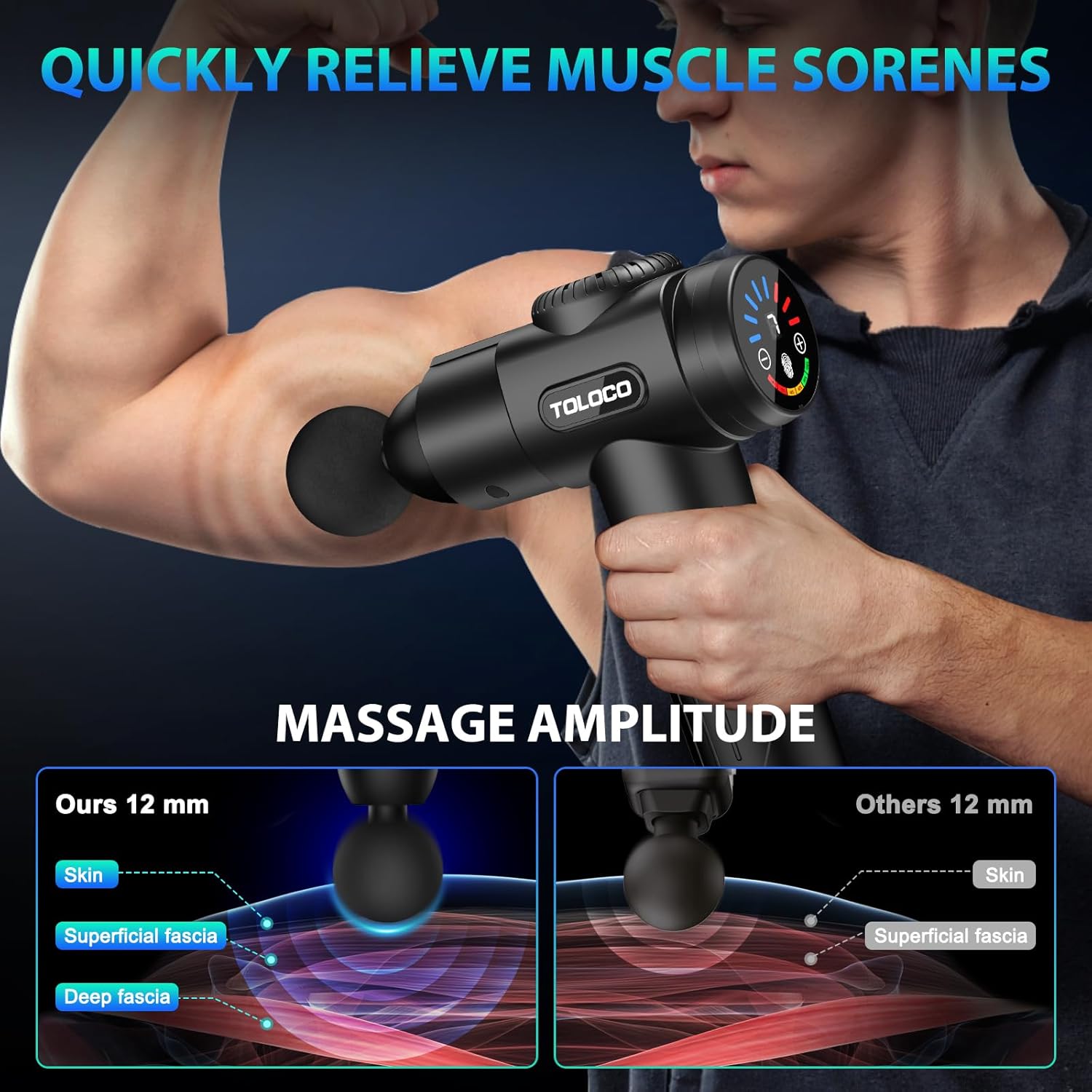 TOLOCO Massage Gun, Deep Tissue Back Massage for Athletes for Pain Relief, Percussion Massager with 10 Massages Heads & Silent Brushless Motor, Relaxation Gifts for Men Women, Black - Image 6