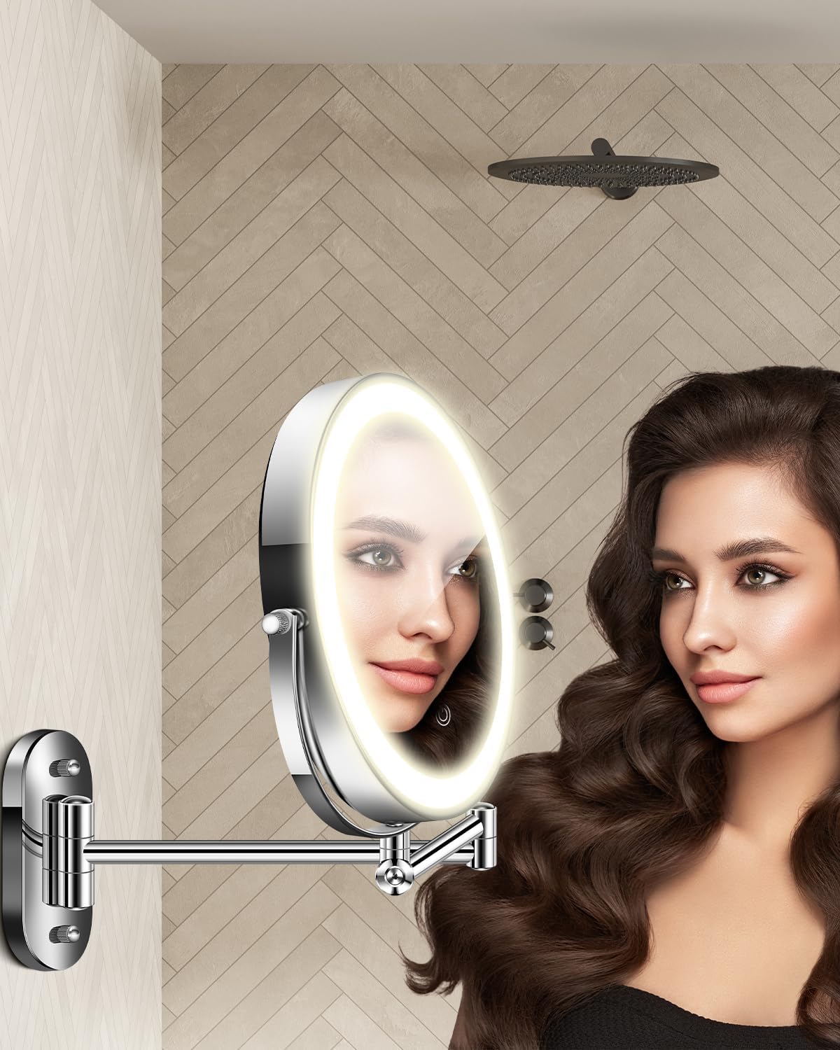 9'' 30X/1X Wall Mounted Height Adjustable Lighted Magnifying Makeup Mirror | 5000mAh Rechargeable Bathroom Mirror with 3 Color Modes Light, Extended Arm Space Saving for Apartment, Hotel, Rental House - Image 7