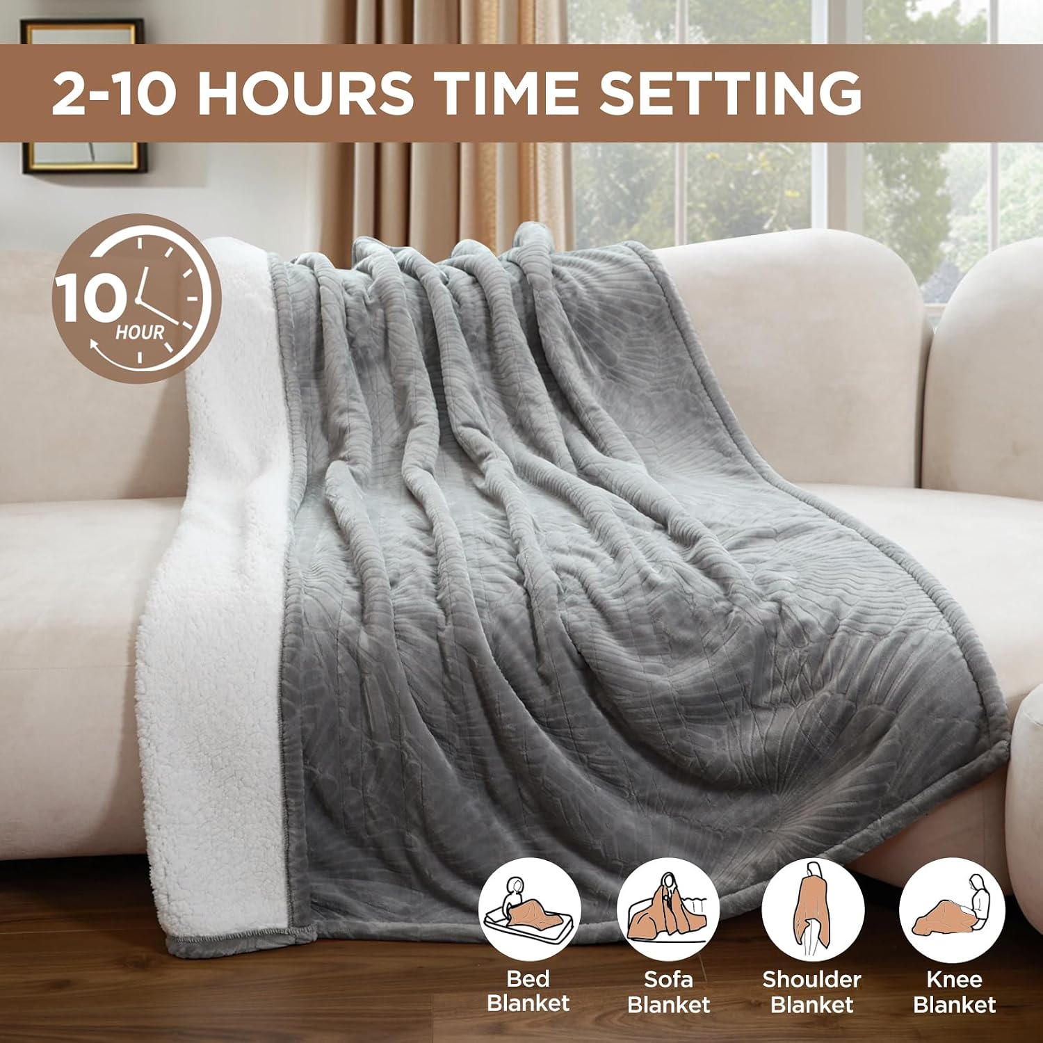 Westinghouse Heated Throw Flower Jacquard Flannel Sherpa 50x60 Light Grey | Electric Blanket Throw with 6 Heating Levels and 2-10 Hours Auto-Off, Cozy Heated Blanket, Machine Washable, Home Office Use - Image 6