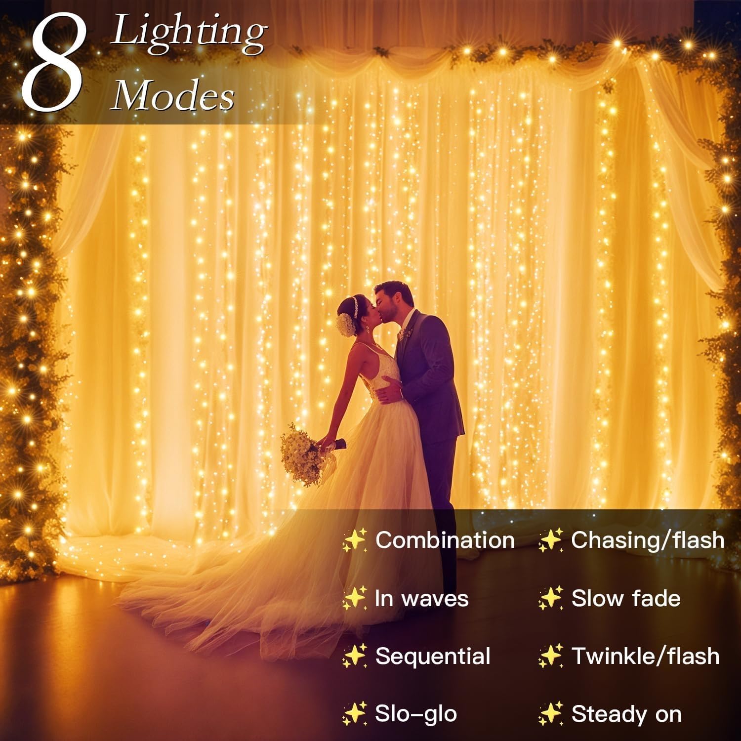 300 LED Warm White Curtain String Lights 9.8x9.8FT, Plug in Fairy Lights with 9 Hooks, Dimmable, Timer & 8 Modes, IP44 Waterproof, Bedroom Wall Wedding Backdrop Christmas Indoor Outdoor Decor - Image 5