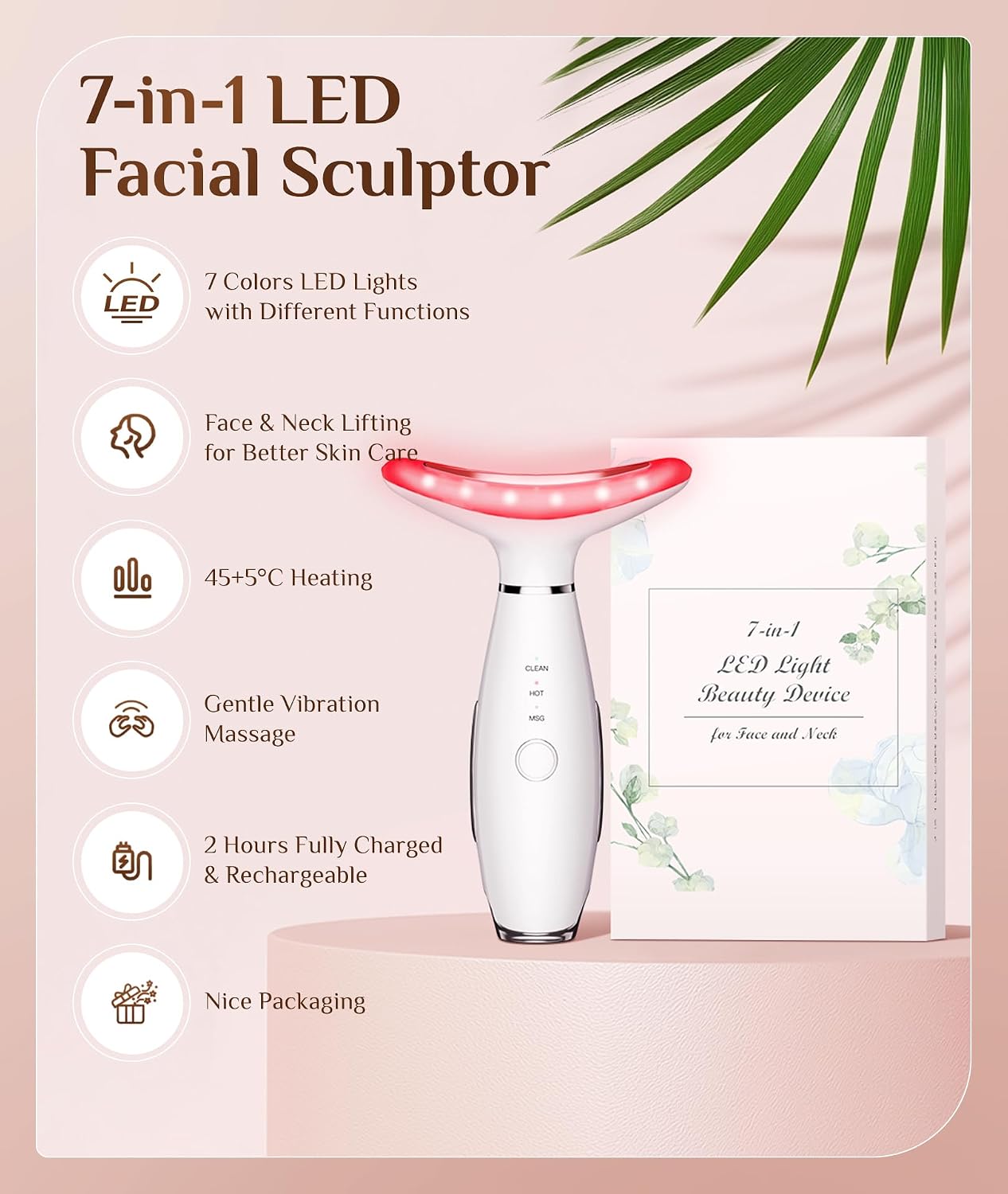 Dopsikn 7 Color Galvanic Machines - Red Light Therapy for Face and Neck, Face Massager Tool for Wrinkles, Double Chin, Vibrating Facial Massager with Thermals, White - Image 3