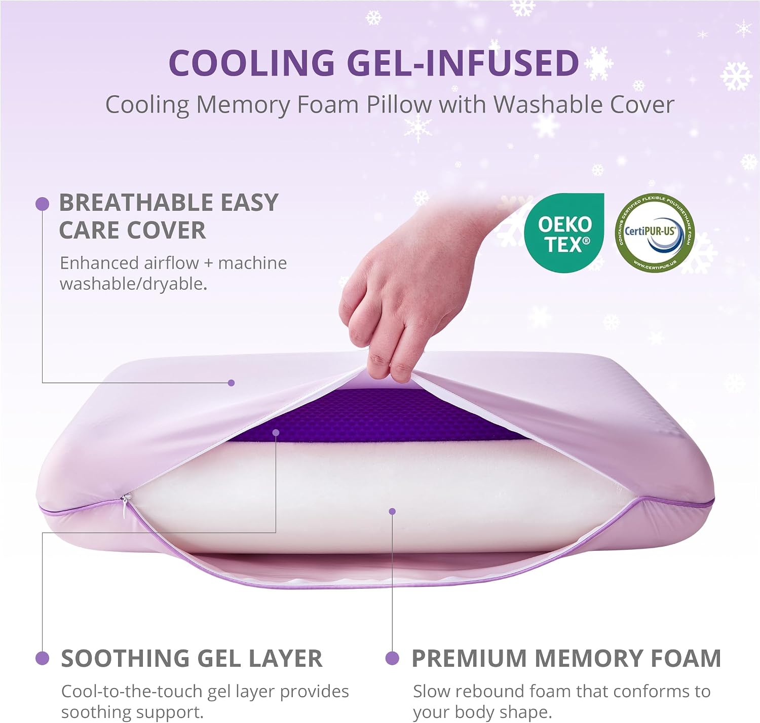 Cooling Gel Memory Foam Pillow for Hot/Side Sleepers, Neck Support, Purple | Ergonomic Pressure Relief, Fits Back & Stomach Sleepers, Reversible Removable Machine Washable Cover, Night Sweats Relief - Image 4