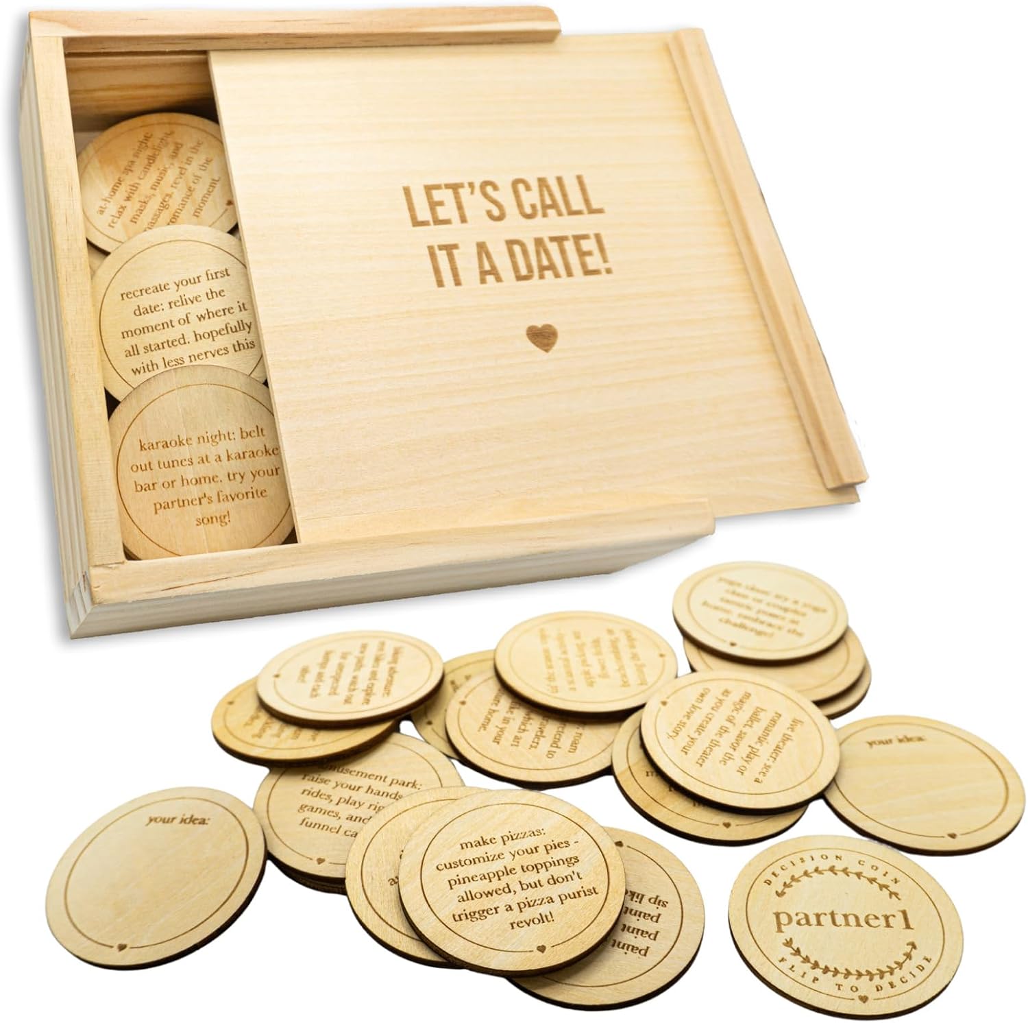 Date Night Box Game - 52 Romantic Date Ideas + 4 Personalized Dates & Decision Maker Coin - Fun Gift for Couples, Anniversaries, Weddings, Bridal Showers Bachelorette Parties, Him & Her, Anniversary