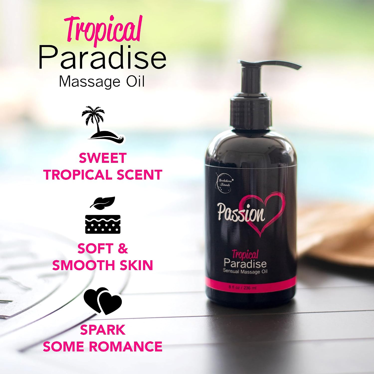 Passion Sensual Massage Oil for Date Night by Brookethorne Naturals | 8oz | 100% Natural Body Oil for Couples | Aromatherapy & Relaxing Massage | Tropical Scent | Jojoba & Almond for Smooth glide - Image 4