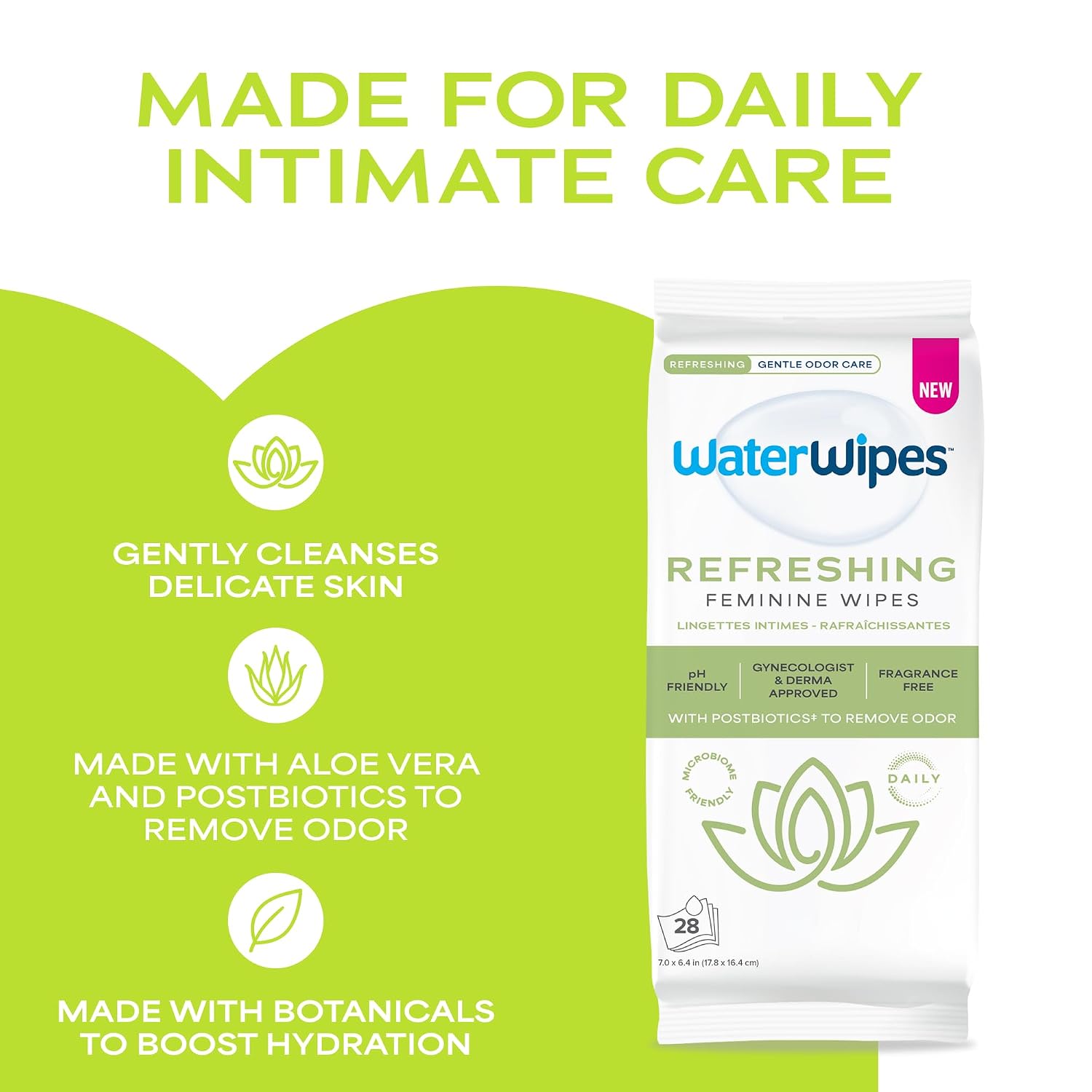 WaterWipes Refreshing Feminine Wipes, Stay Fresh On-The-Go, pH Friendly for Daily Intimate Care, Odor Removal, Gynecologist Approved, Fragrance Free, 112 Count (4 Packs) - Image 2
